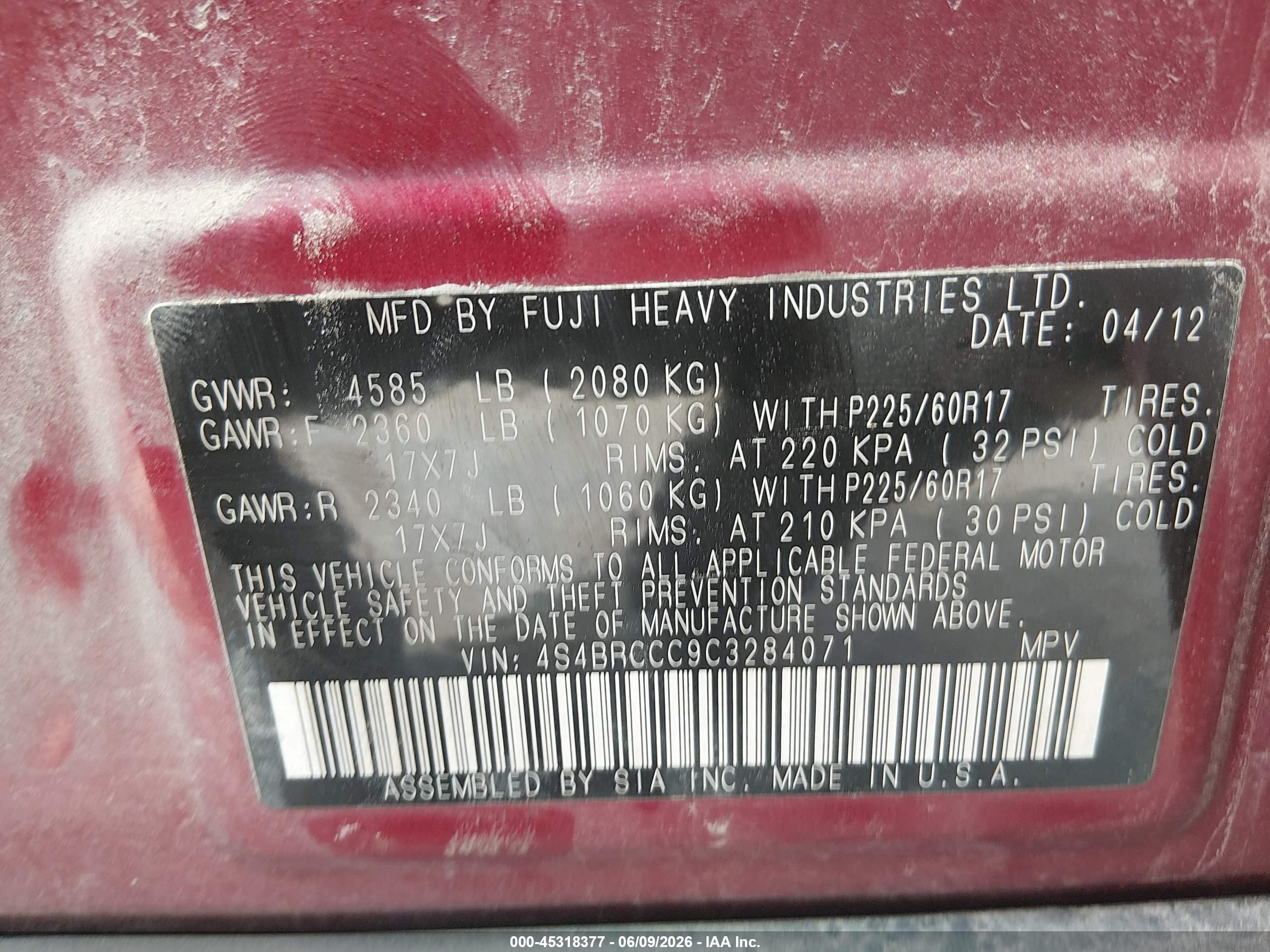 2012 Subaru Outback 2.5i Premium Red vin: 4S4BRCCC9C3284071