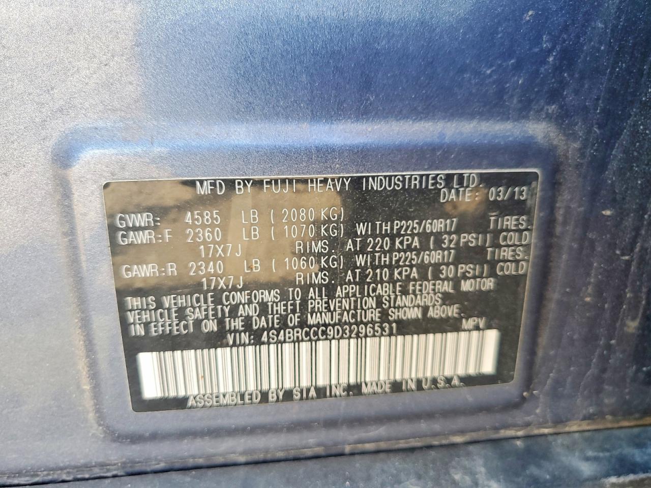 2013 Subaru Outback 2.5i Premium Blue vin: 4S4BRCCC9D3296531