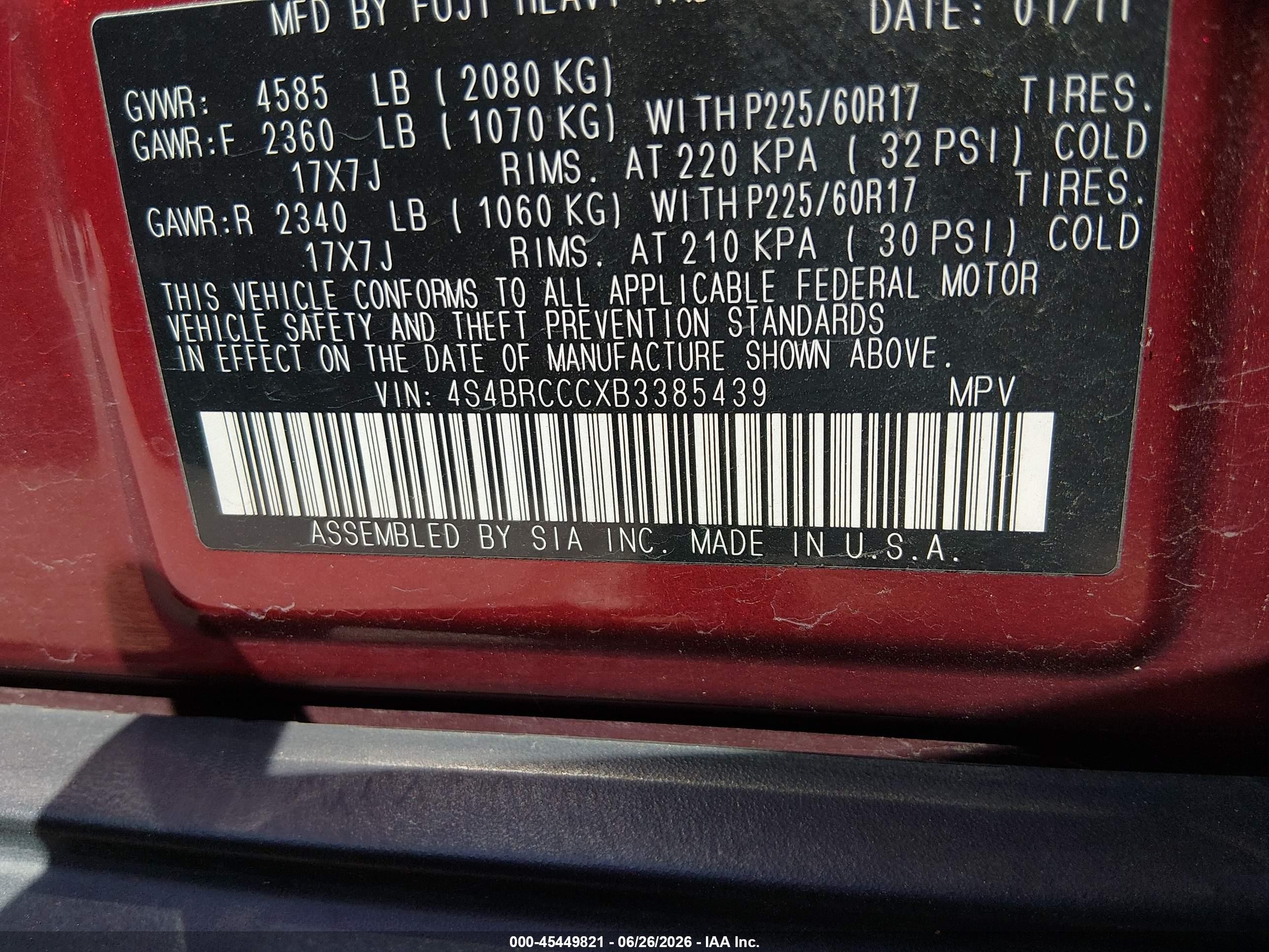 2011 Subaru Outback 2.5i Premium Red vin: 4S4BRCCCXB3385439