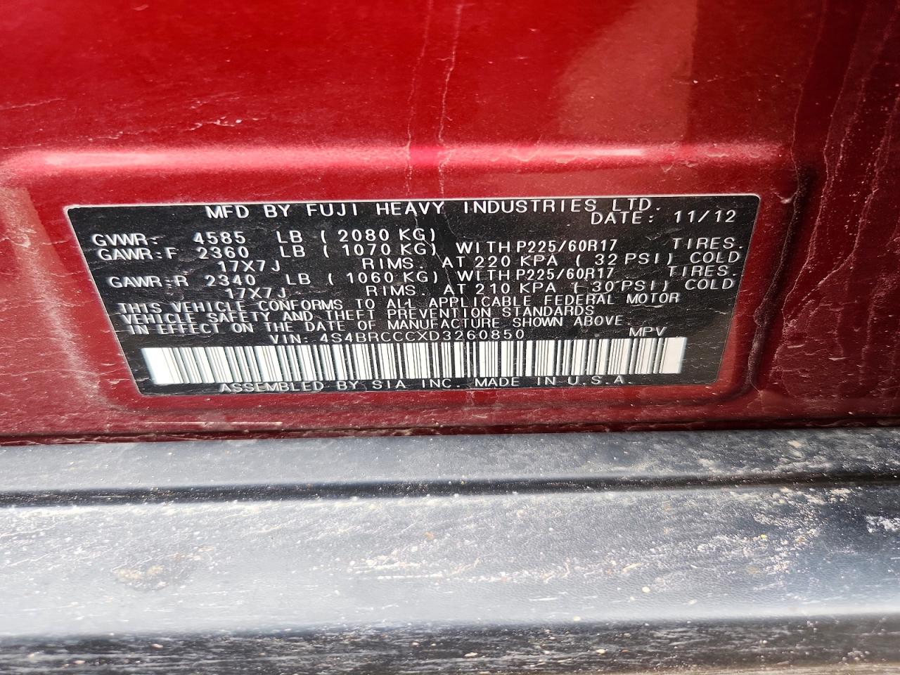 2013 Subaru Outback 2.5i Premium Red vin: 4S4BRCCCXD3260850