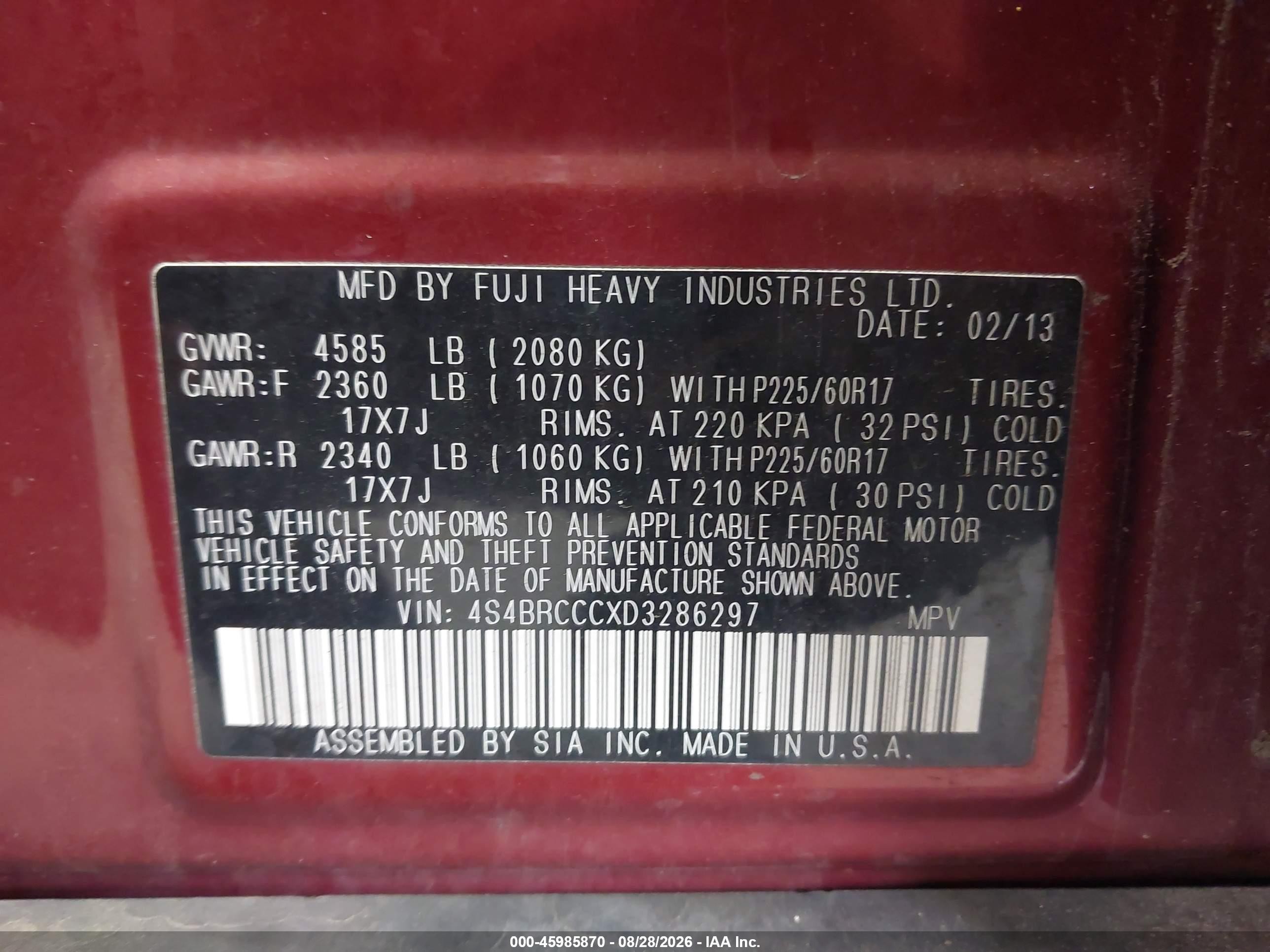 2013 Subaru Outback 2.5i Premium Red vin: 4S4BRCCCXD3286297