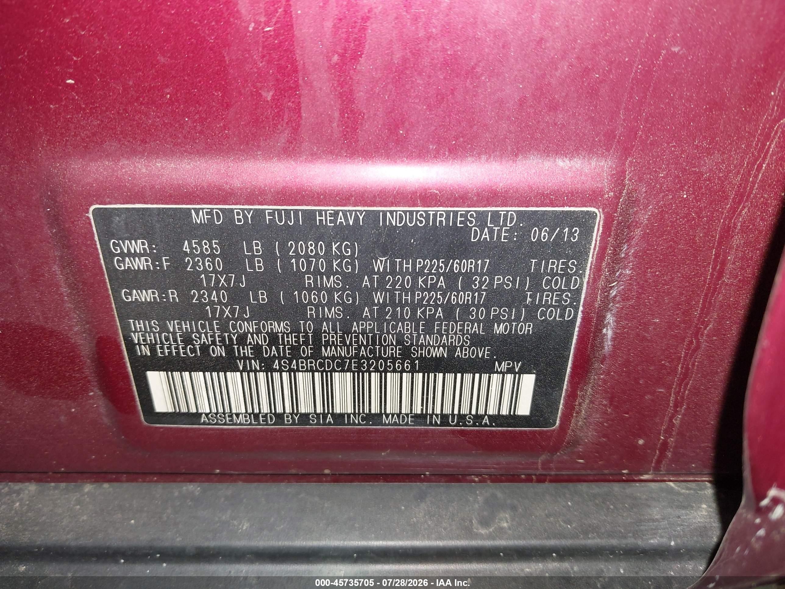 2014 Subaru Outback 2.5i Premium Burgundy vin: 4S4BRCDC7E3205661