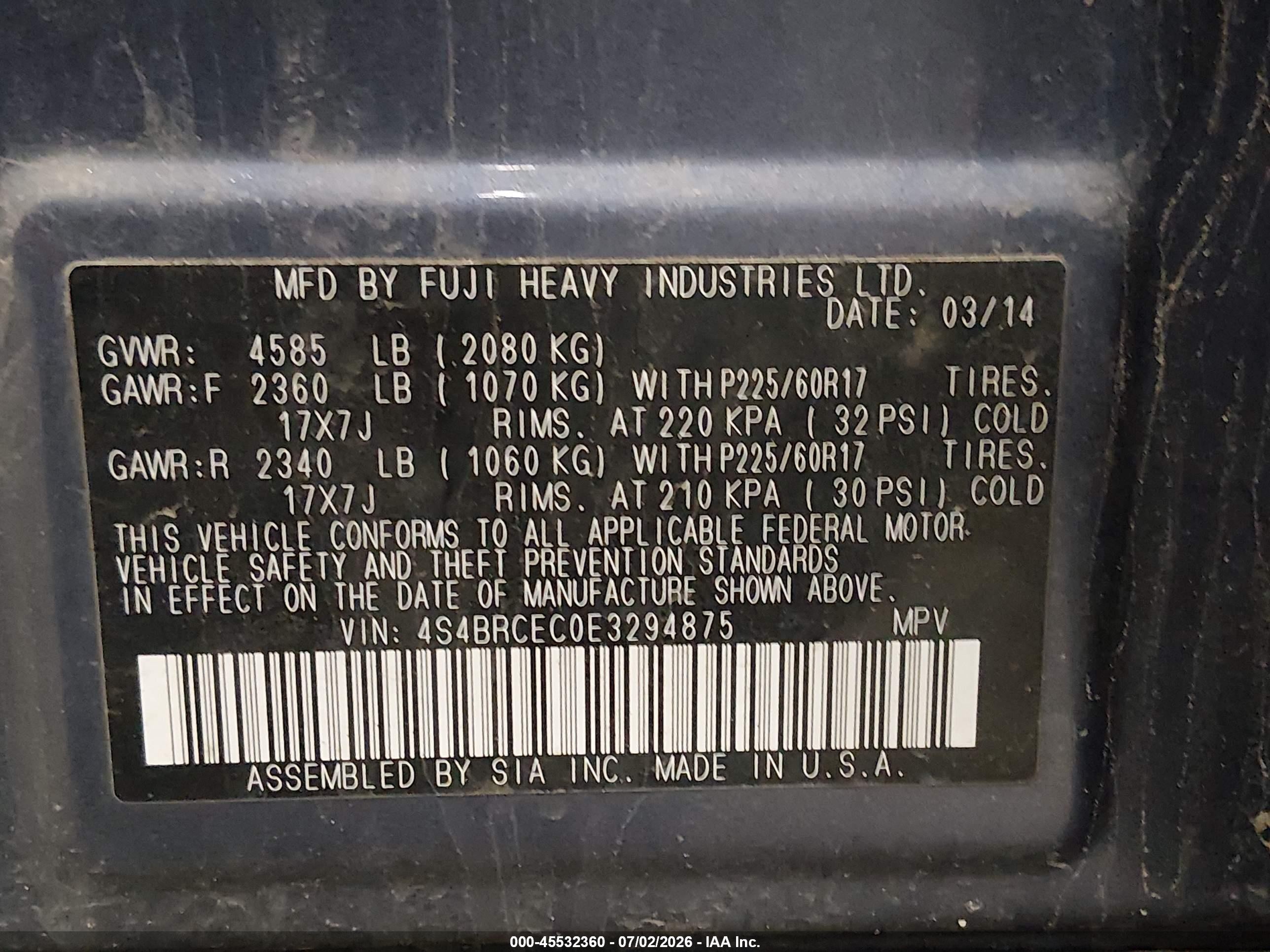 2014 Subaru Outback 2.5i Premium Blue vin: 4S4BRCEC0E3294875