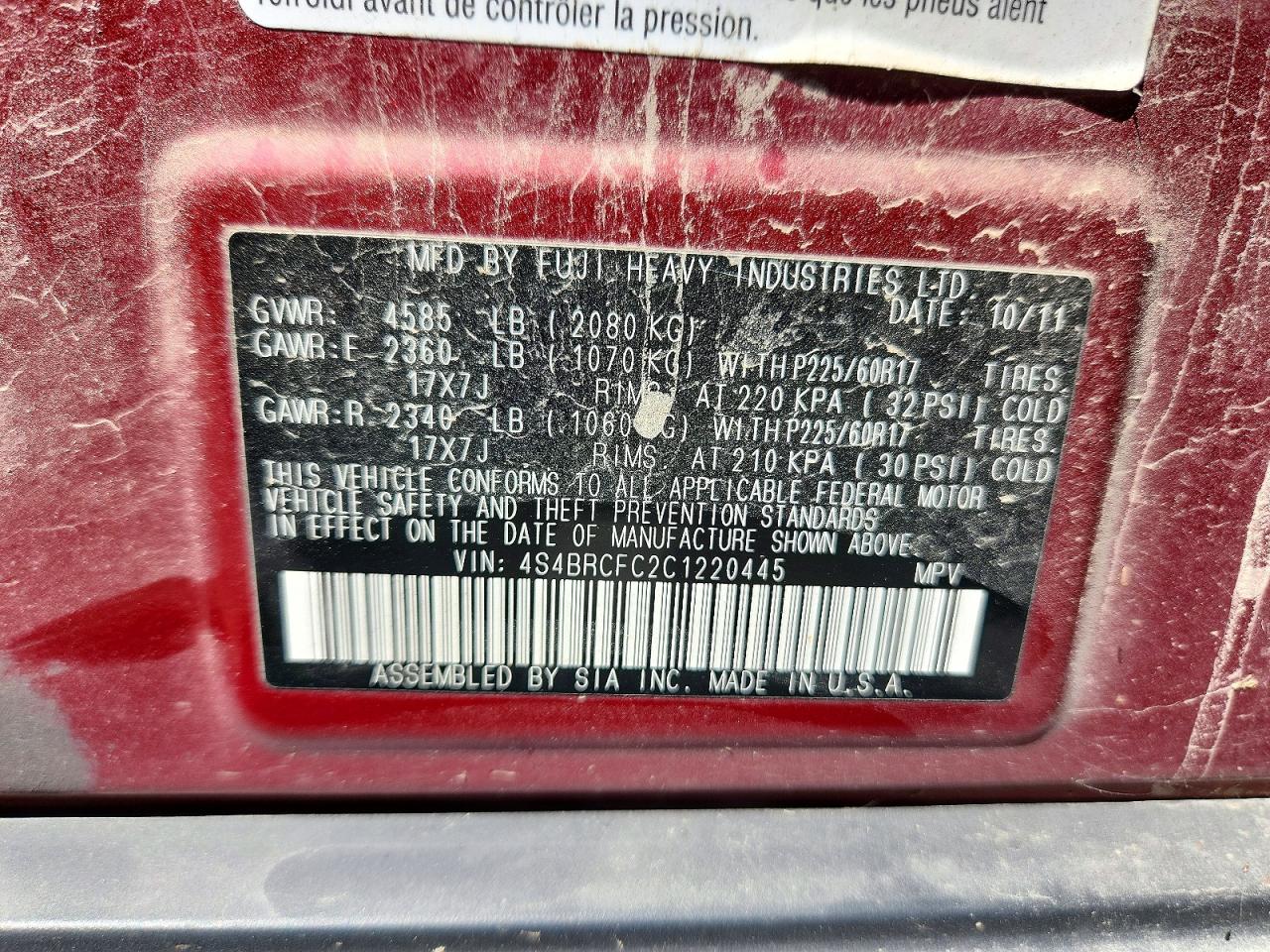 2012 Subaru Outback 2.5i Premium Maroon vin: 4S4BRCFC2C1220445