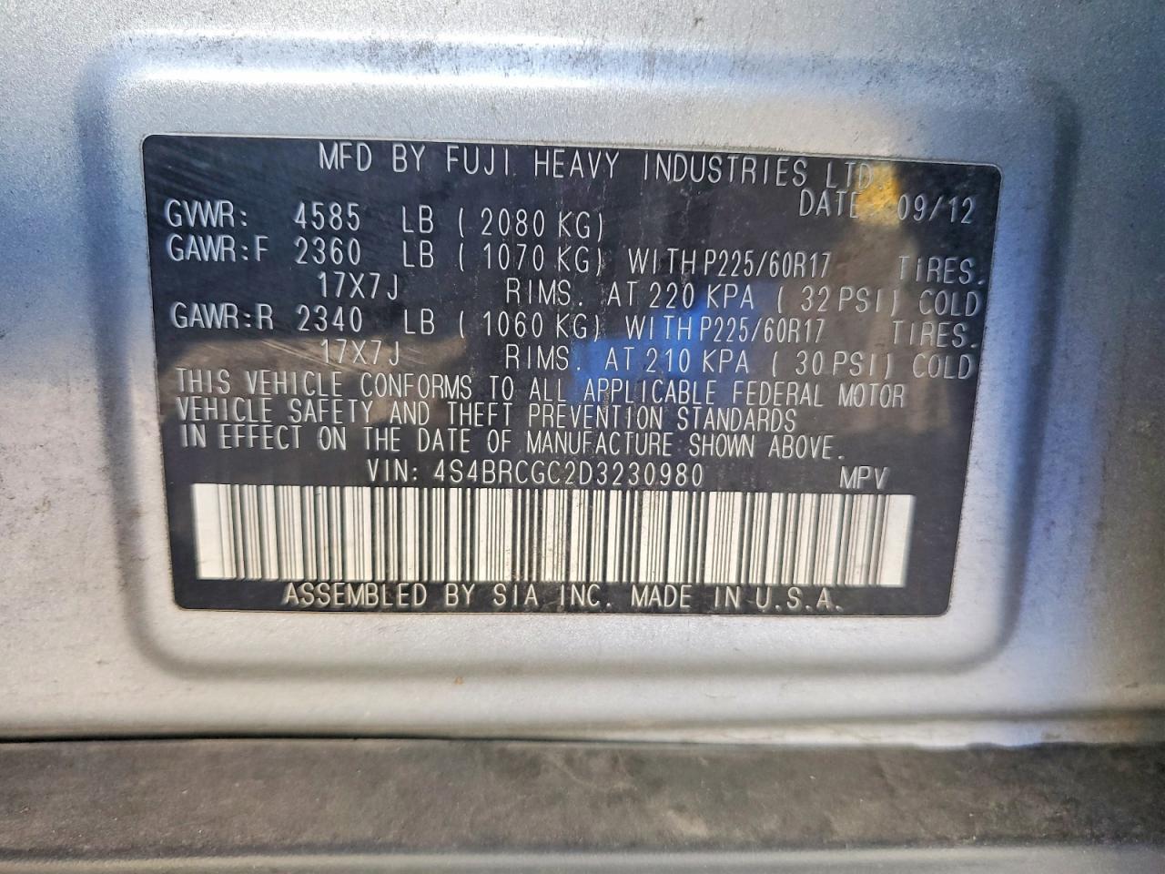 2013 Subaru Outback 2.5i Premium Silver vin: 4S4BRCGC2D3230980