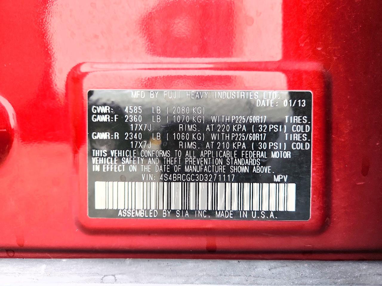 2013 Subaru Outback 2.5i Premium Red vin: 4S4BRCGC3D3271117