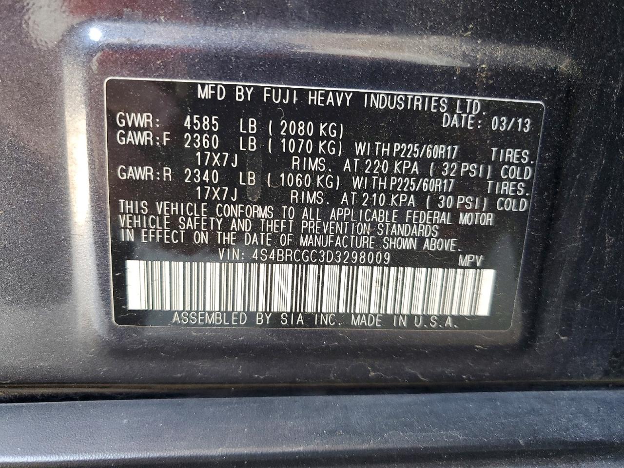 2013 Subaru Outback 2.5i Premium Charcoal vin: 4S4BRCGC3D3298009