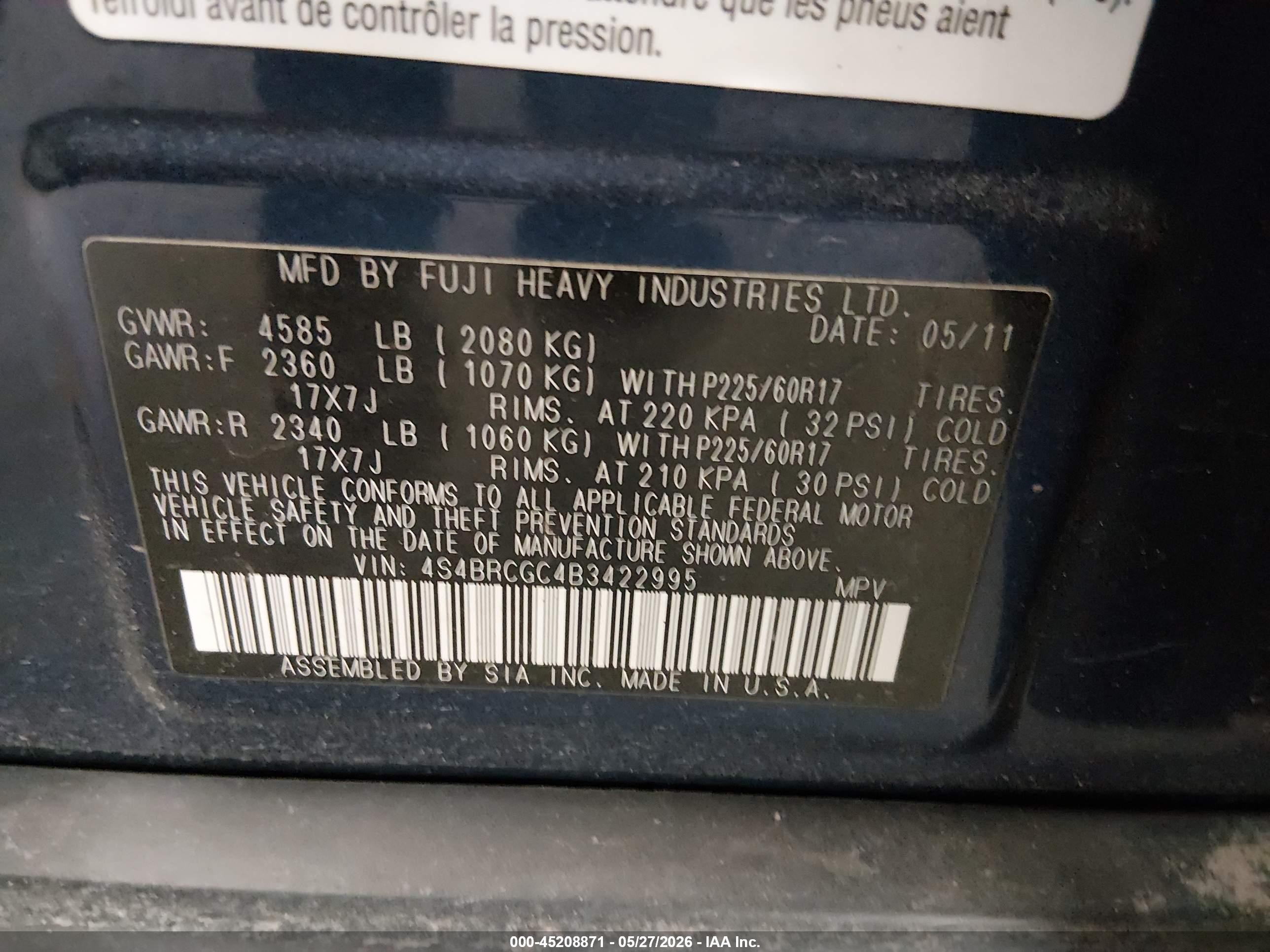 2011 Subaru Outback 2.5i Premium Dark Blue vin: 4S4BRCGC4B3422995