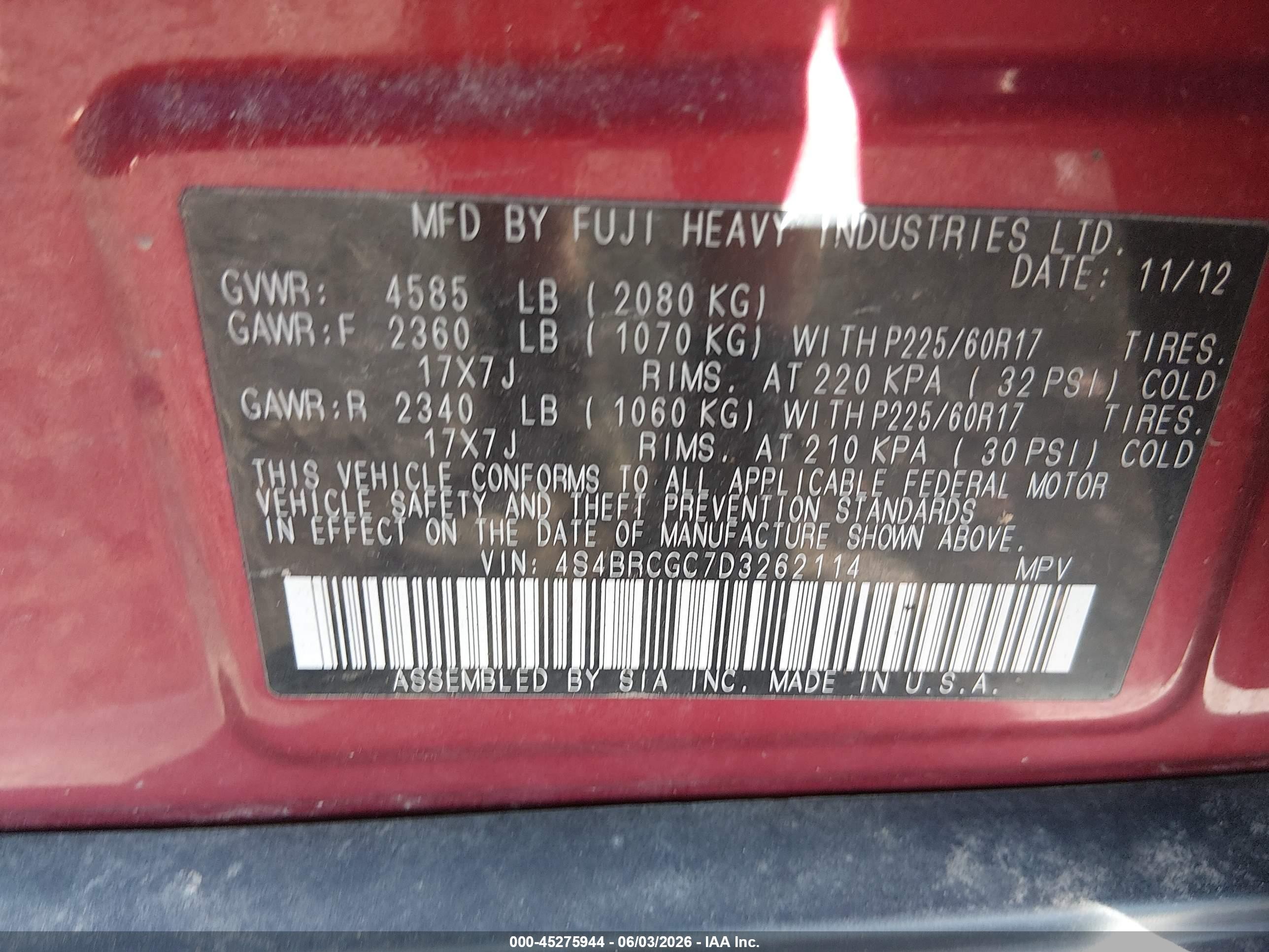 2013 Subaru Outback 2.5i Premium Red vin: 4S4BRCGC7D3262114