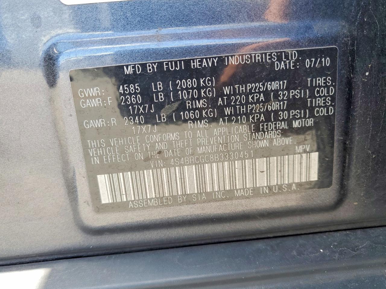 2011 Subaru Outback 2.5i Premium Charcoal vin: 4S4BRCGC8B3330451