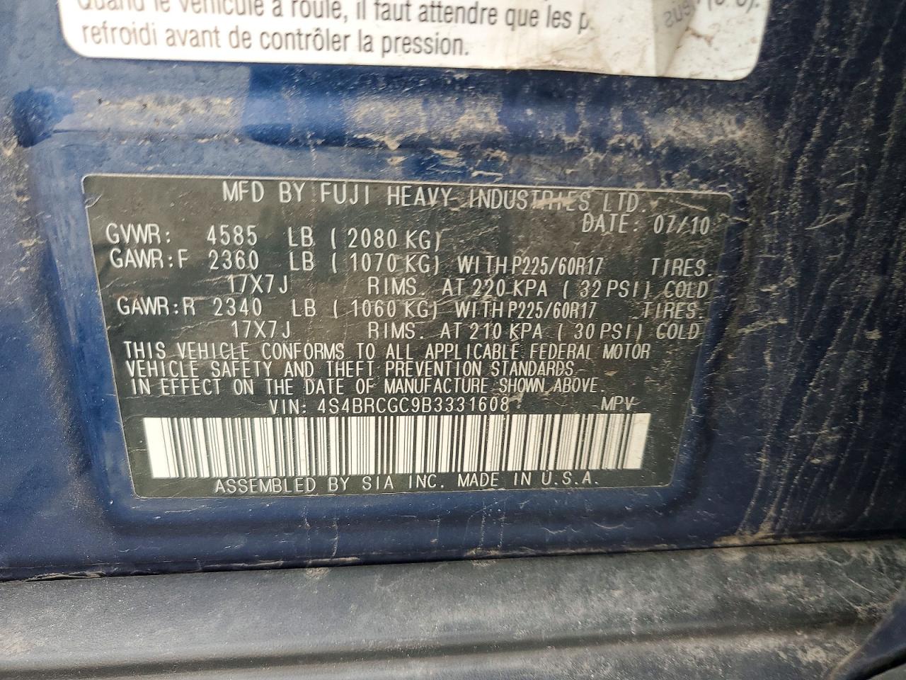 2011 Subaru Outback 2.5i Premium Blue vin: 4S4BRCGC9B3331608