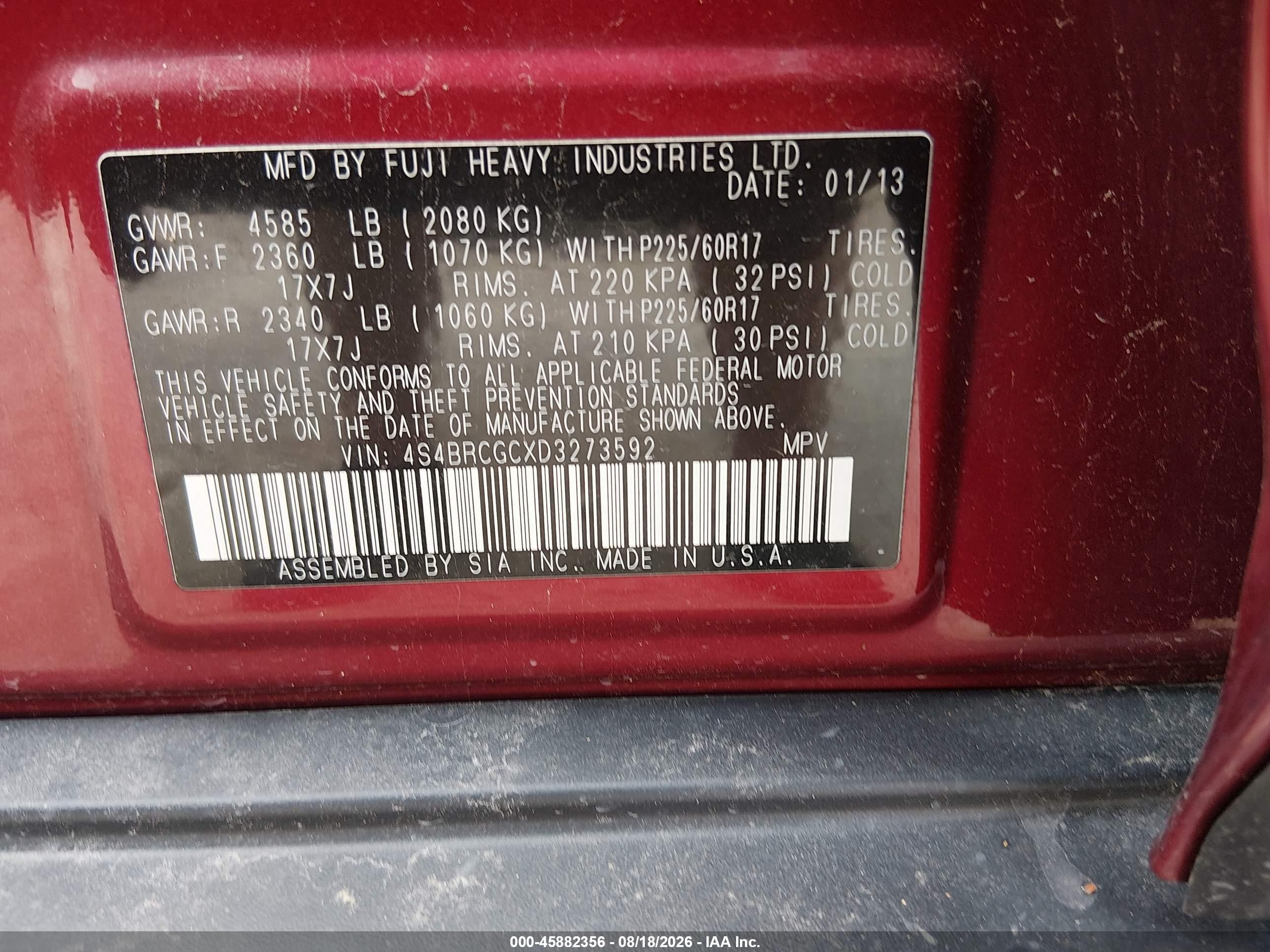 2013 Subaru Outback 2.5i Premium Burgundy vin: 4S4BRCGCXD3273592