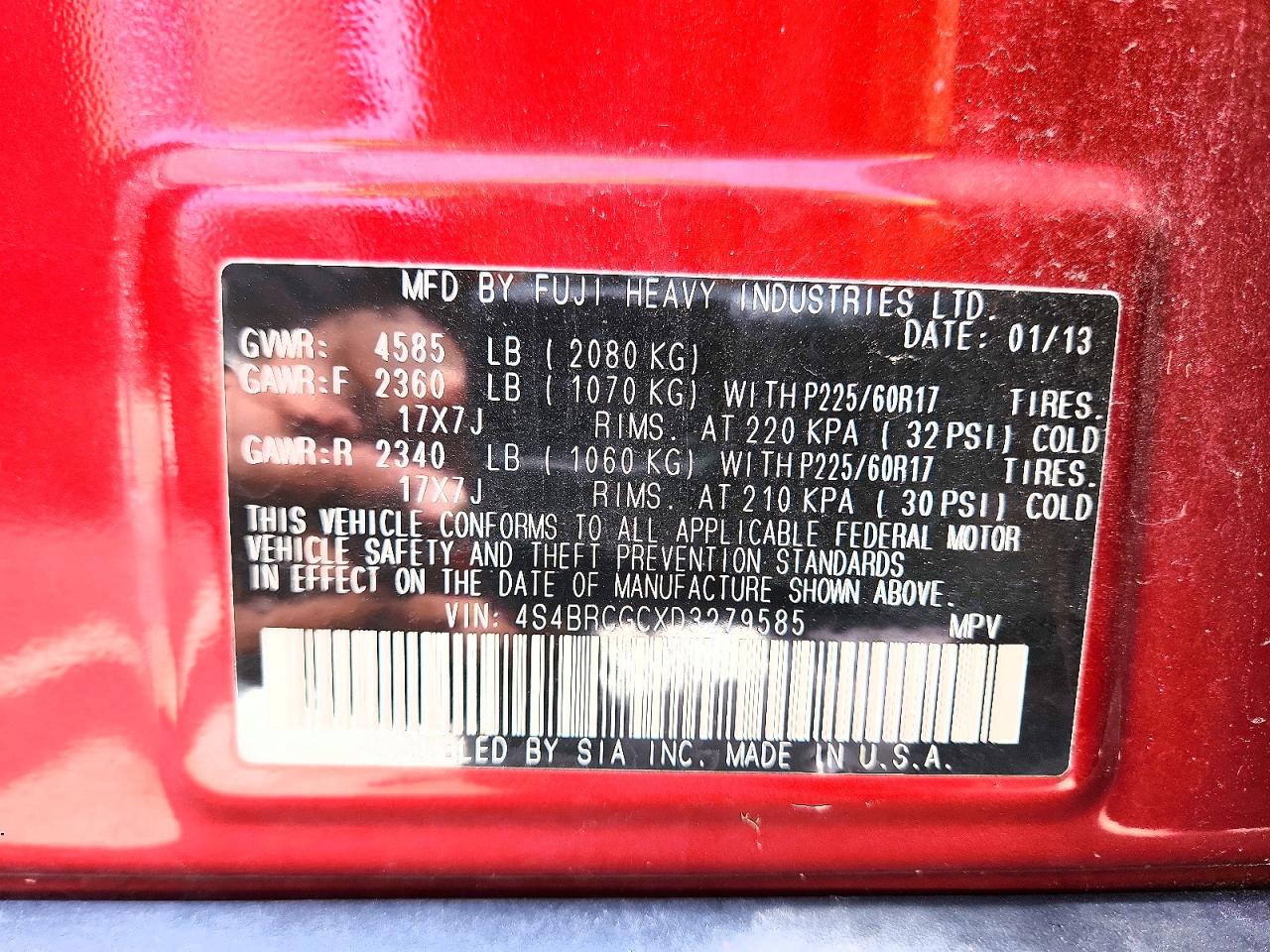 2013 Subaru Outback 2.5i Premium Red vin: 4S4BRCGCXD3279585
