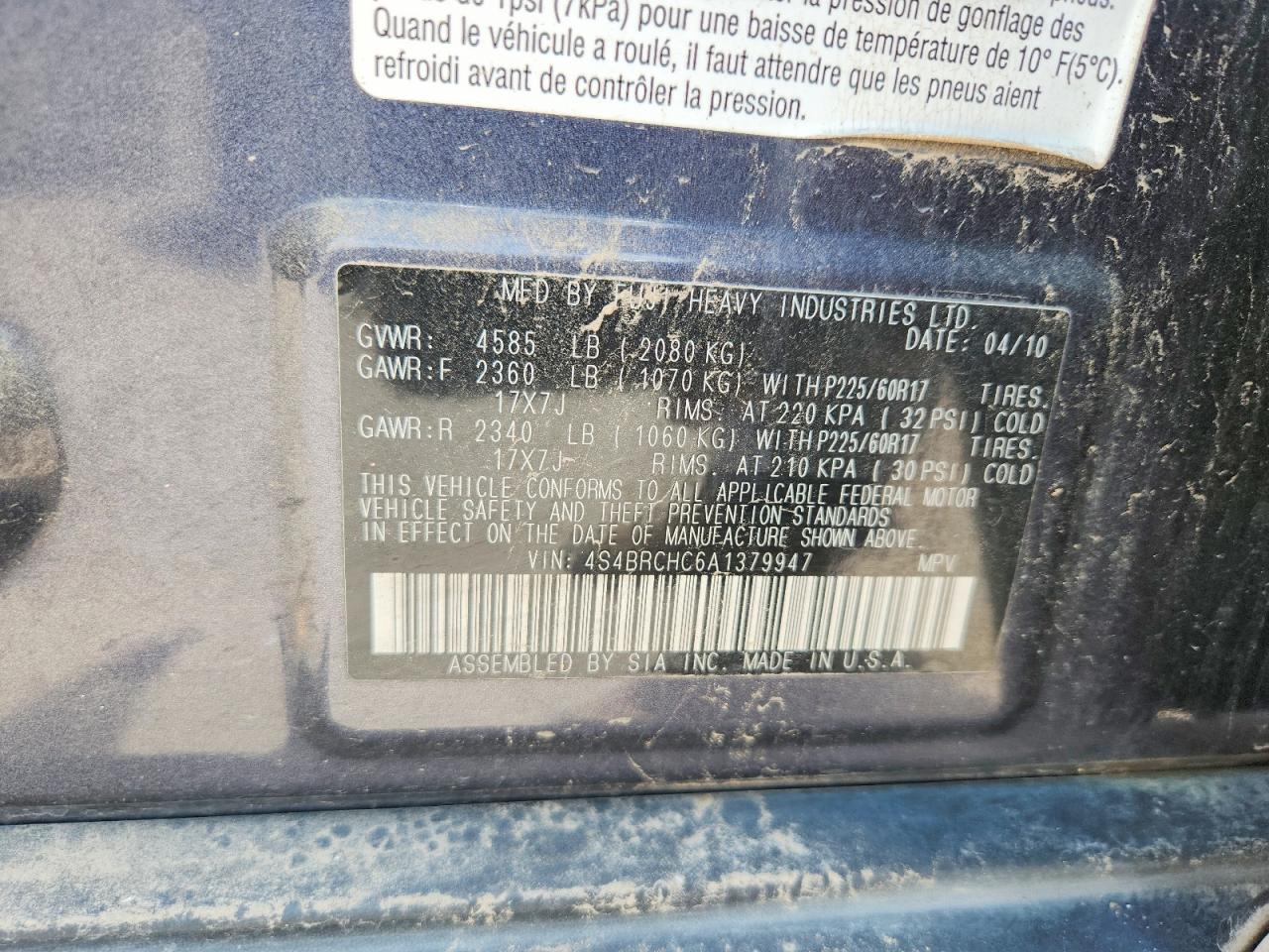 2010 Subaru Outback 2.5i Premium Синий vin: 4S4BRCHC6A1379947