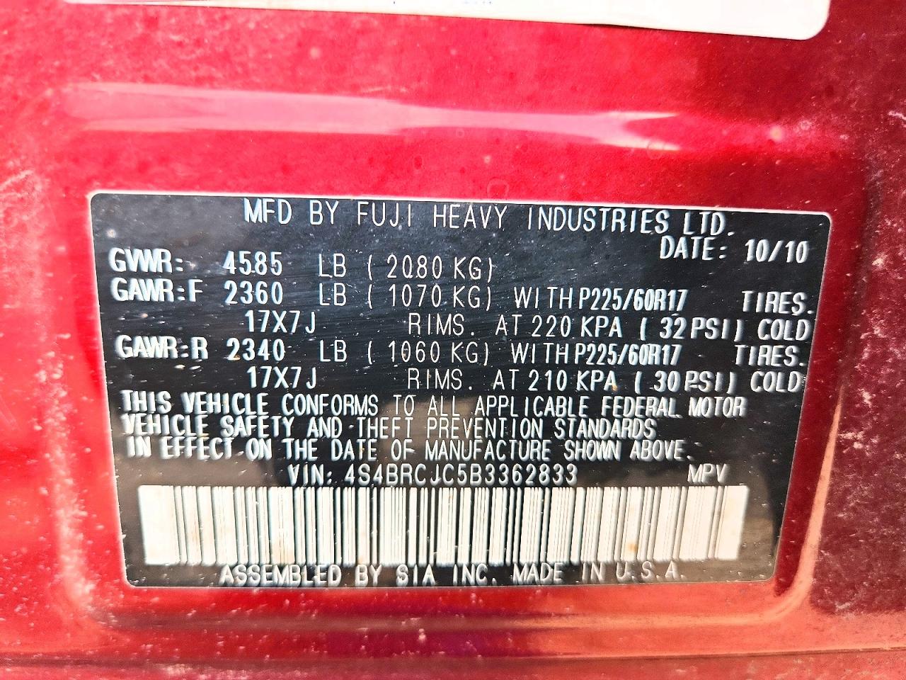 2011 Subaru Outback 2.5i Limited Red vin: 4S4BRCJC5B3362833