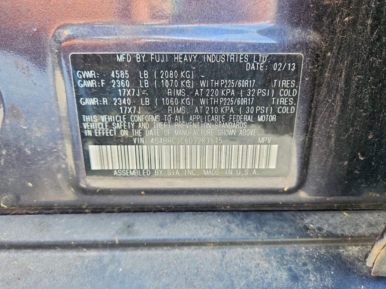2013 Subaru Outback 2.5i Limited Blue vin: 4S4BRCJC8D3283515