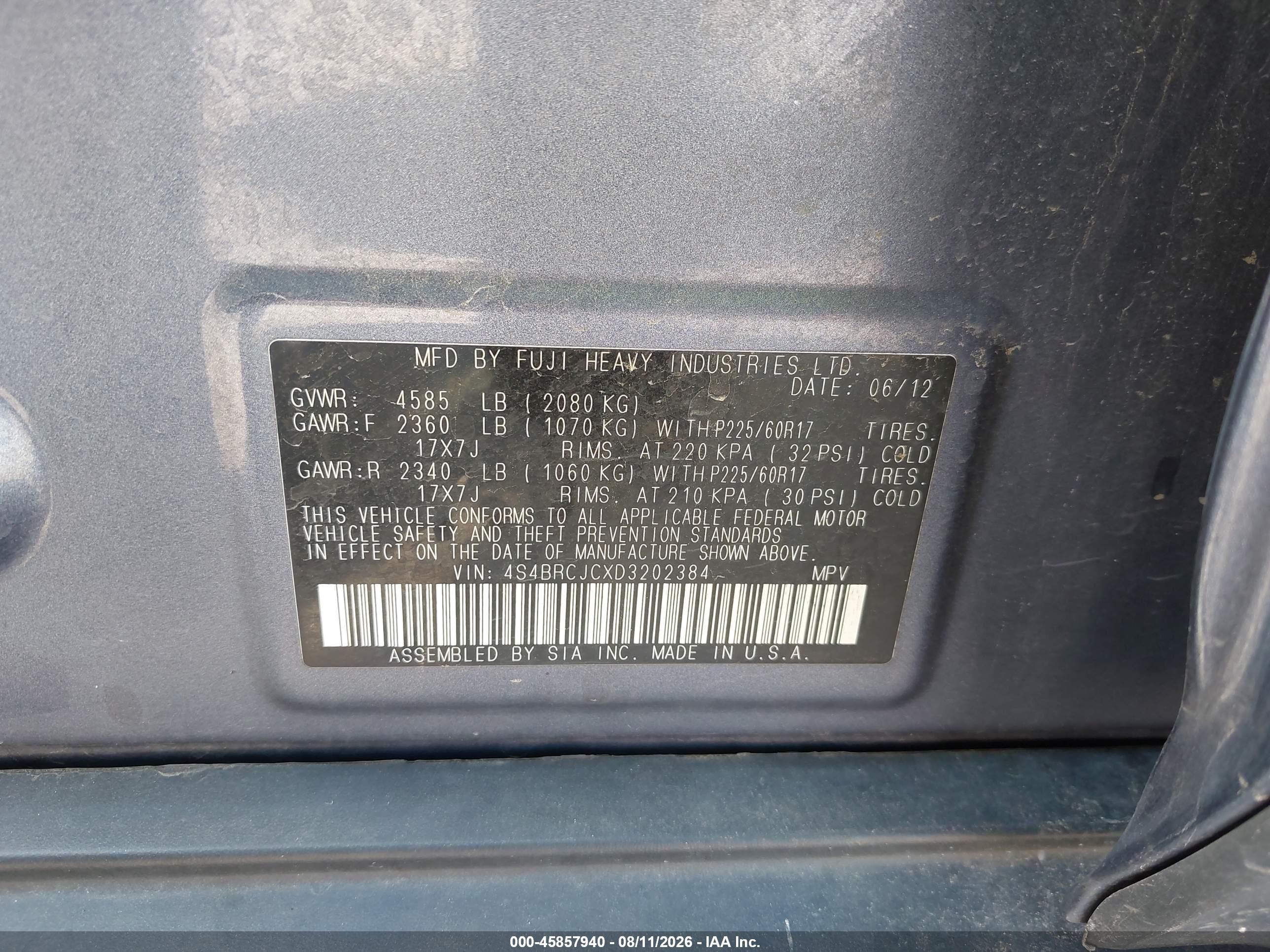 2013 Subaru Outback 2.5i Limited Blue vin: 4S4BRCJCXD3202384