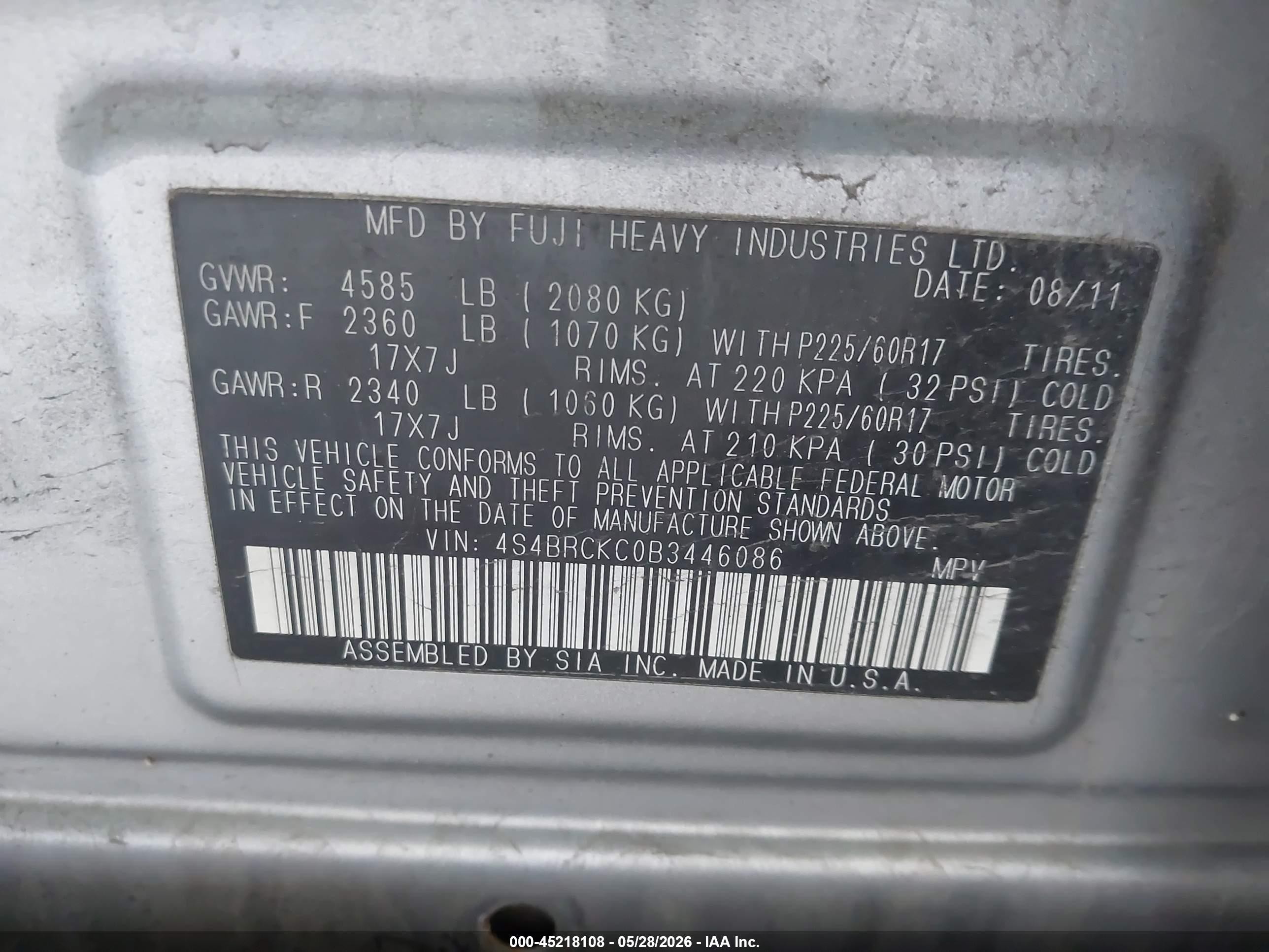 2011 Subaru Outback 2.5i Limited Silver vin: 4S4BRCKC0B3446086