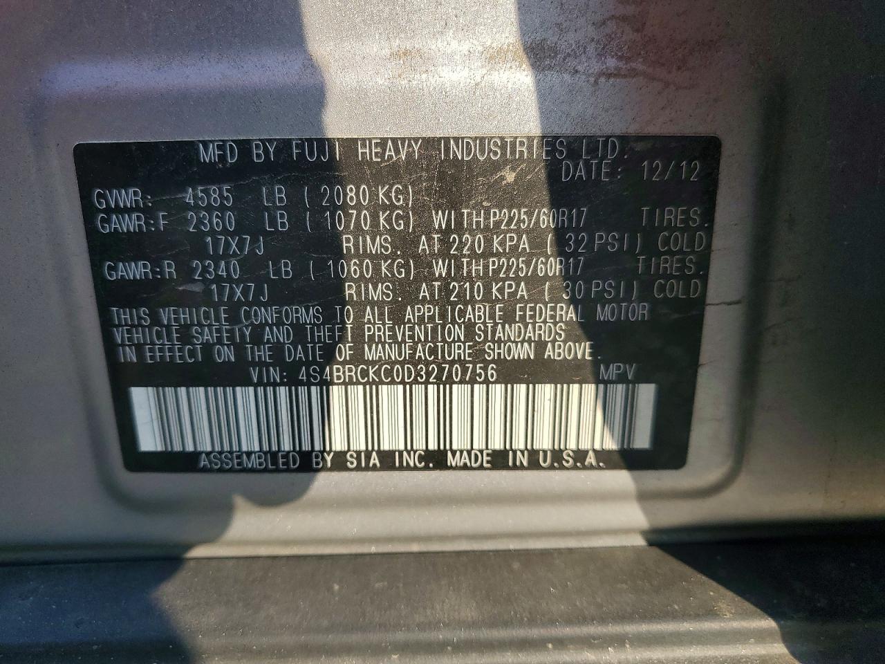 2013 Subaru Outback 2.5i Limited Silver vin: 4S4BRCKC0D3270756
