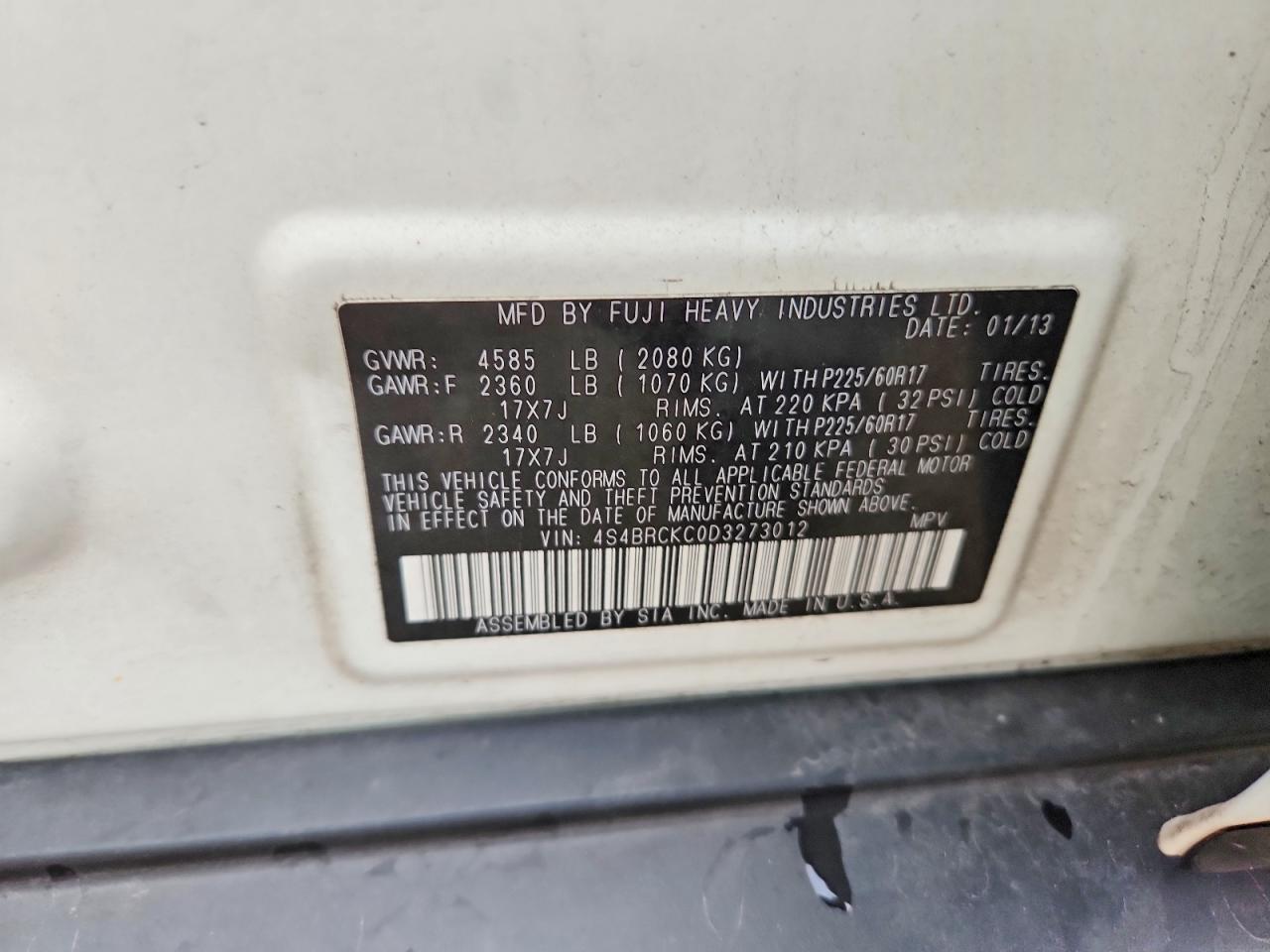 2013 Subaru Outback 2.5i Limited White vin: 4S4BRCKC0D3273012