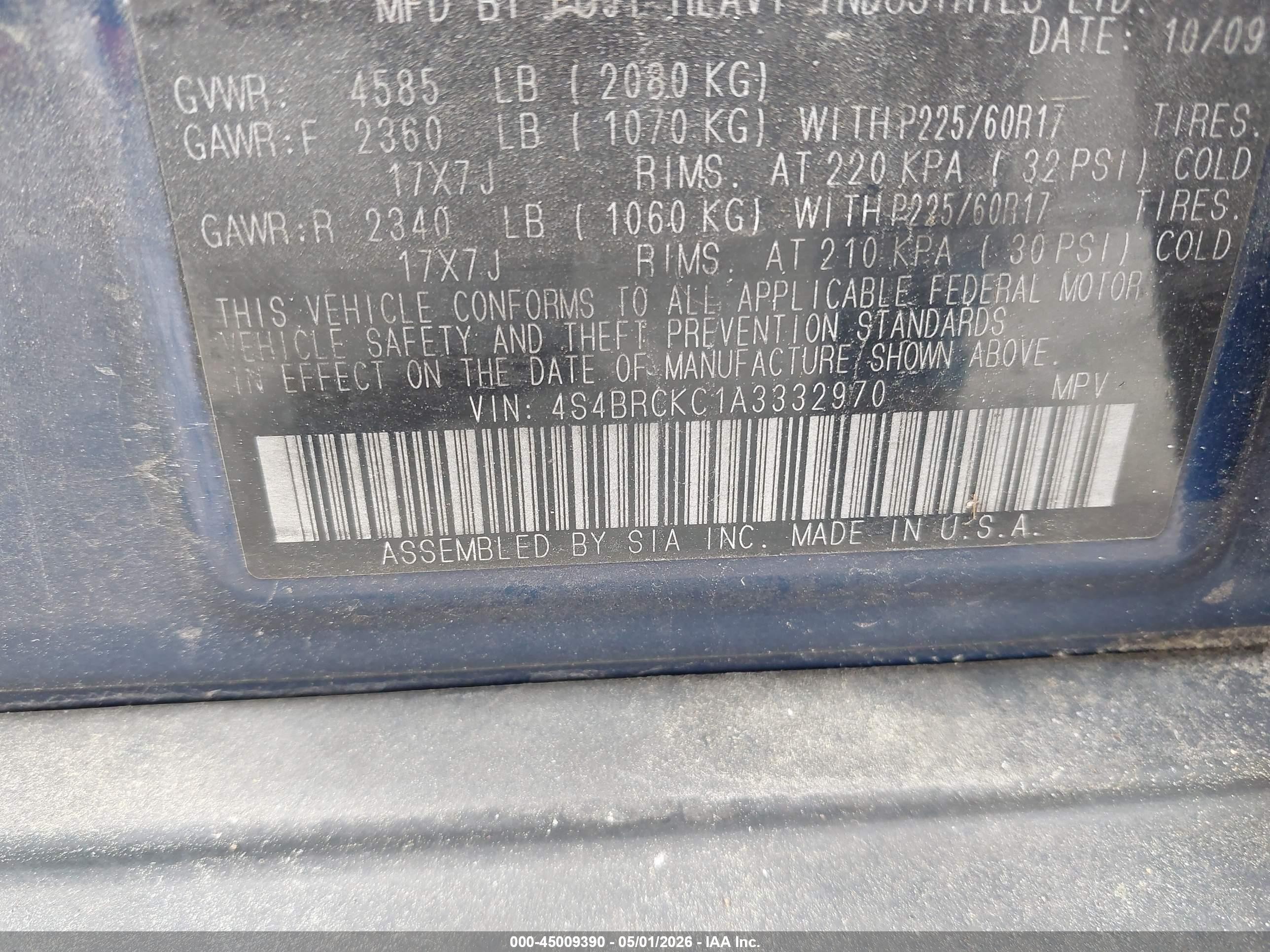 2010 Subaru Outback 2.5i Limited Blue vin: 4S4BRCKC1A3332970