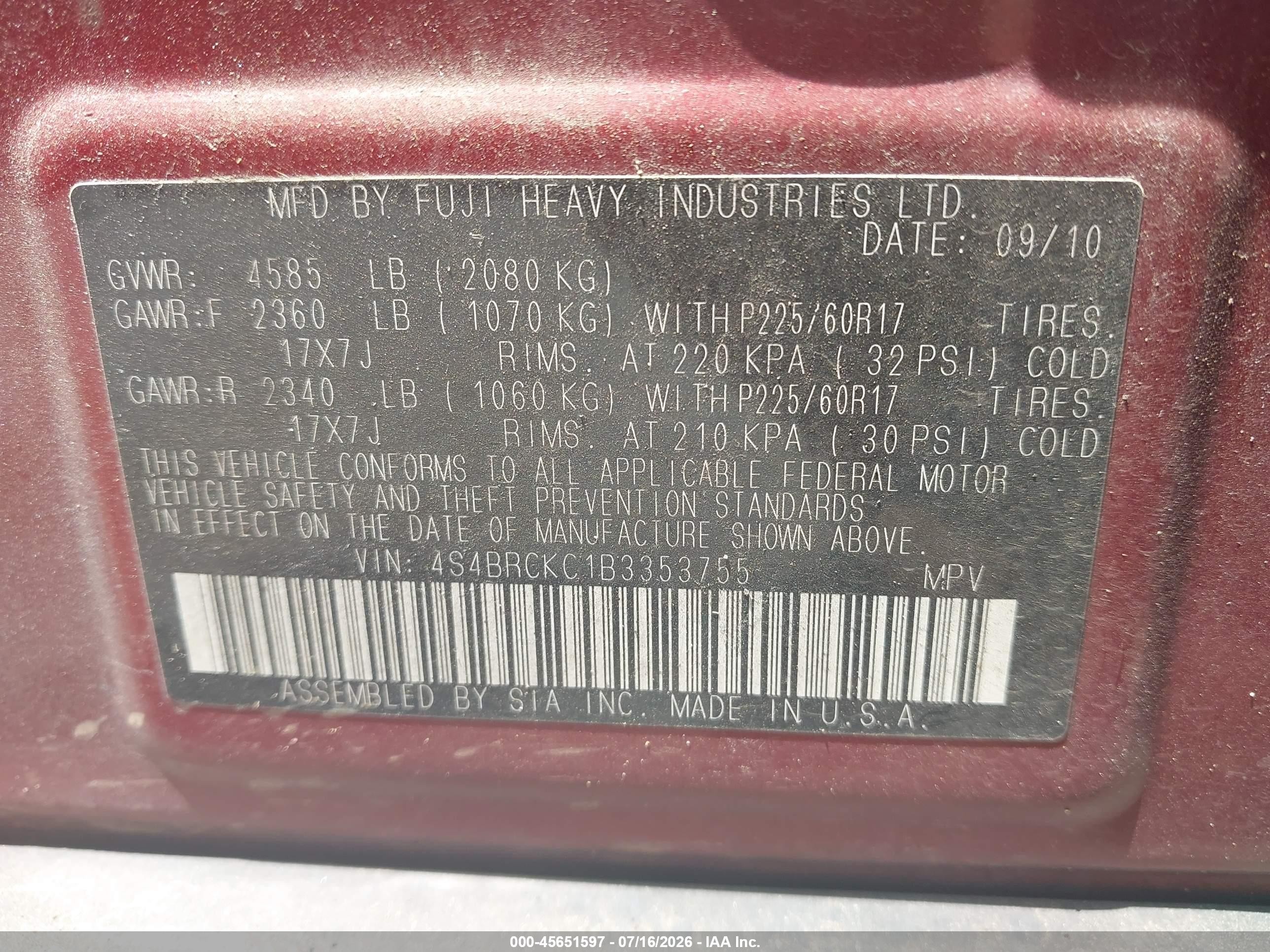 2011 Subaru Outback 2.5i Limited Burgundy vin: 4S4BRCKC1B3353755