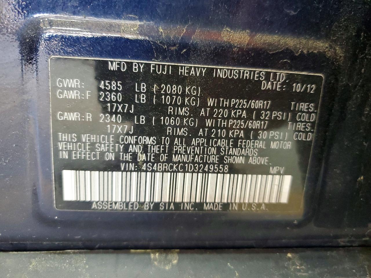 2013 Subaru Outback 2.5i Limited Blue vin: 4S4BRCKC1D3249558