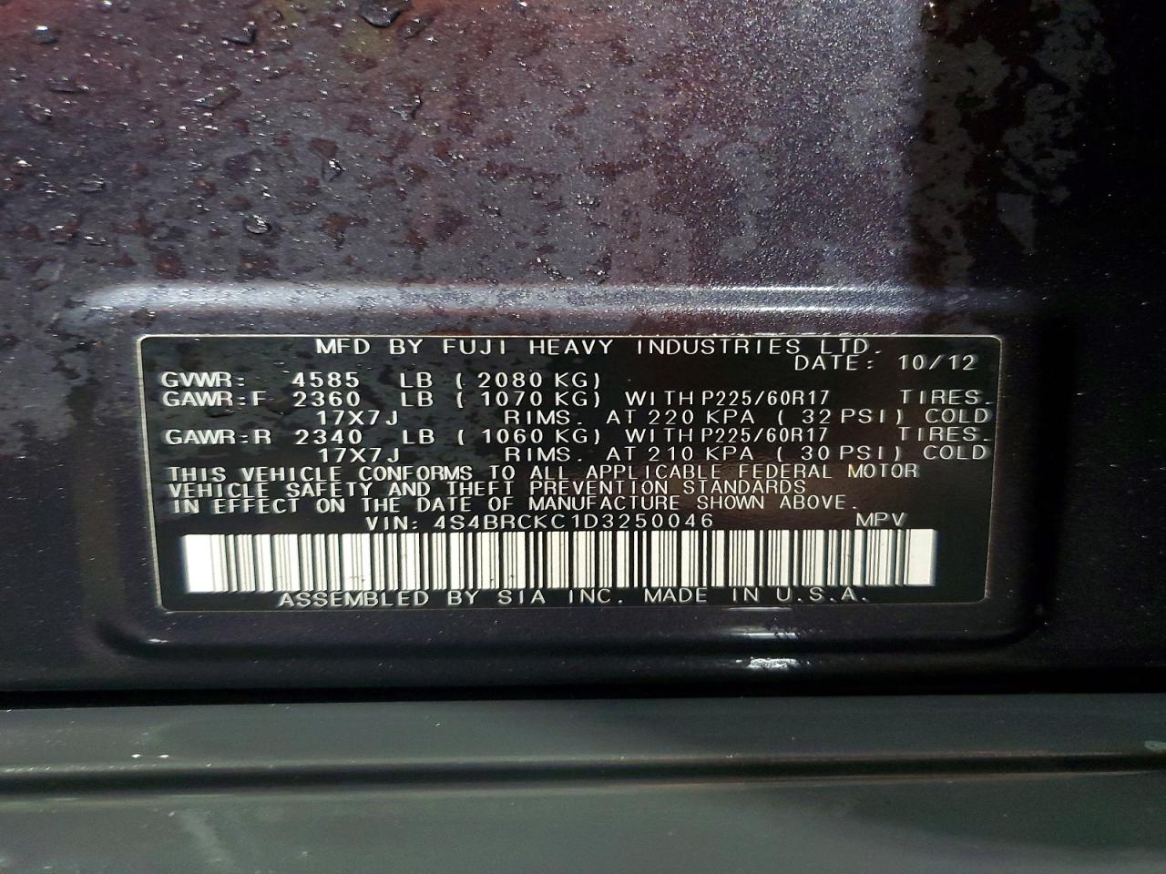2013 Subaru Outback 2.5i Limited Charcoal vin: 4S4BRCKC1D3250046