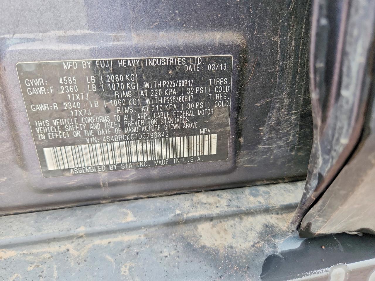 2013 Subaru Outback 2.5i Limited Charcoal vin: 4S4BRCKC1D3298842
