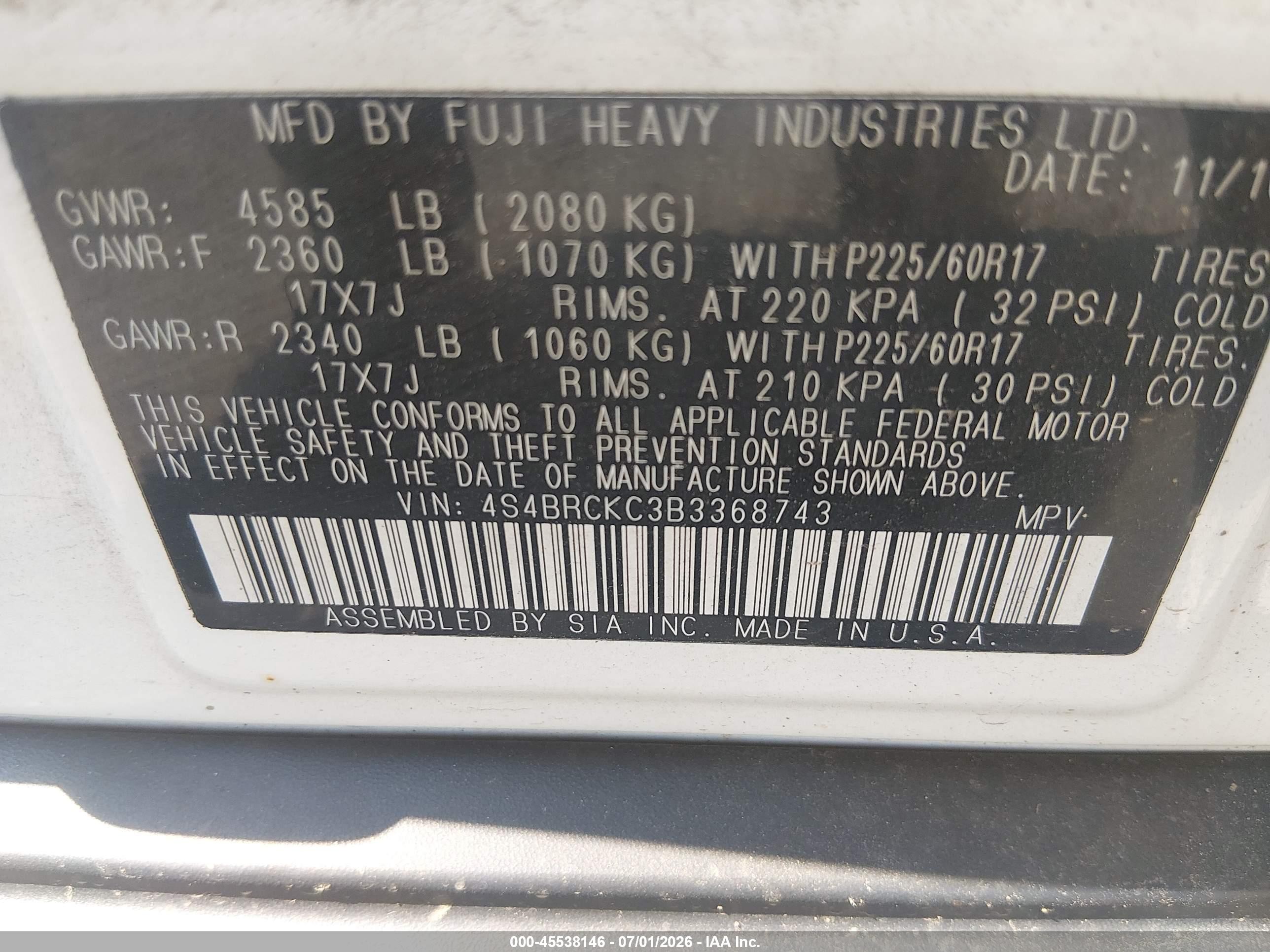2011 Subaru Outback 2.5i Limited White vin: 4S4BRCKC3B3368743