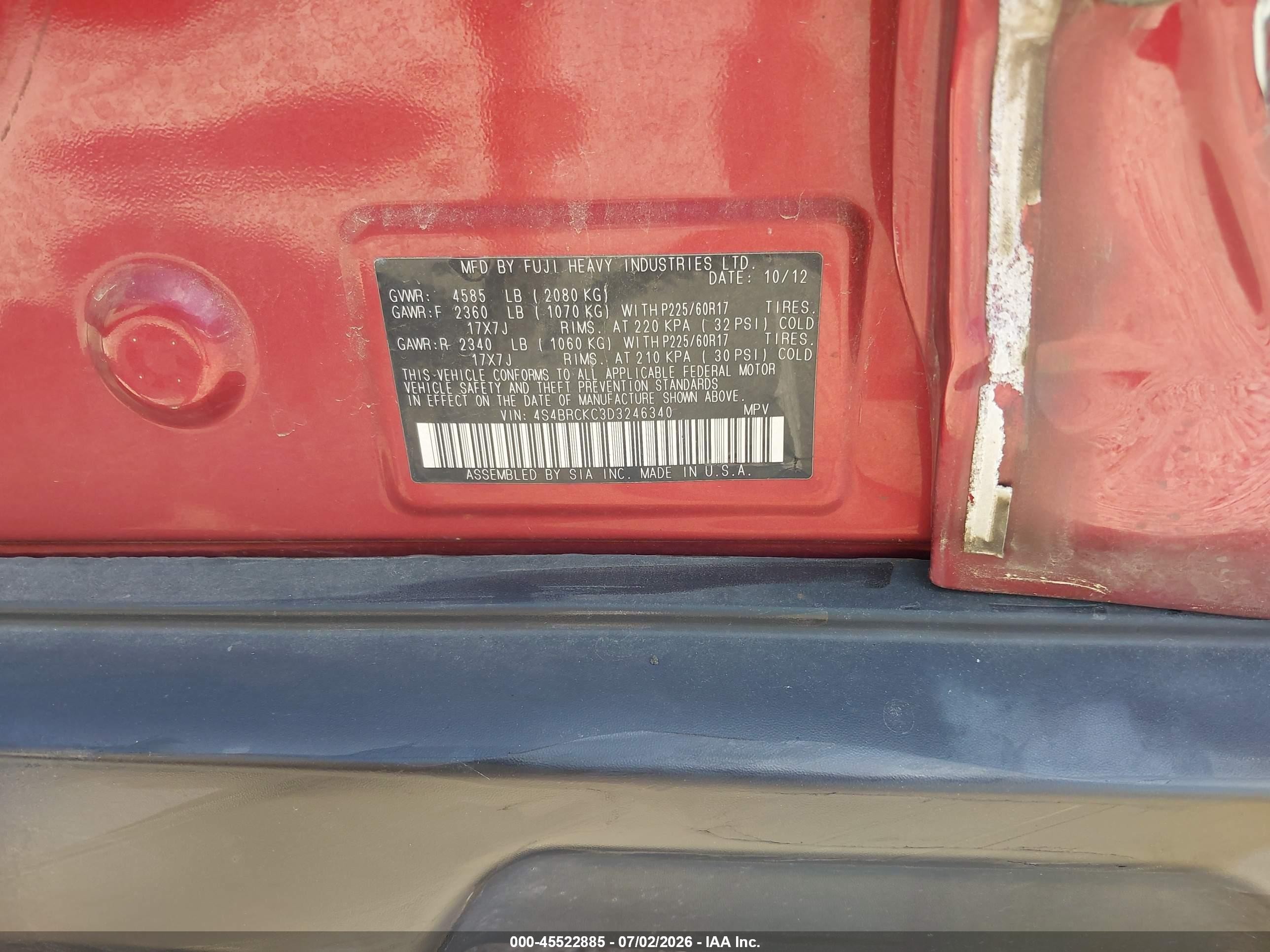 2013 Subaru Outback 2.5i Limited Red vin: 4S4BRCKC3D3246340