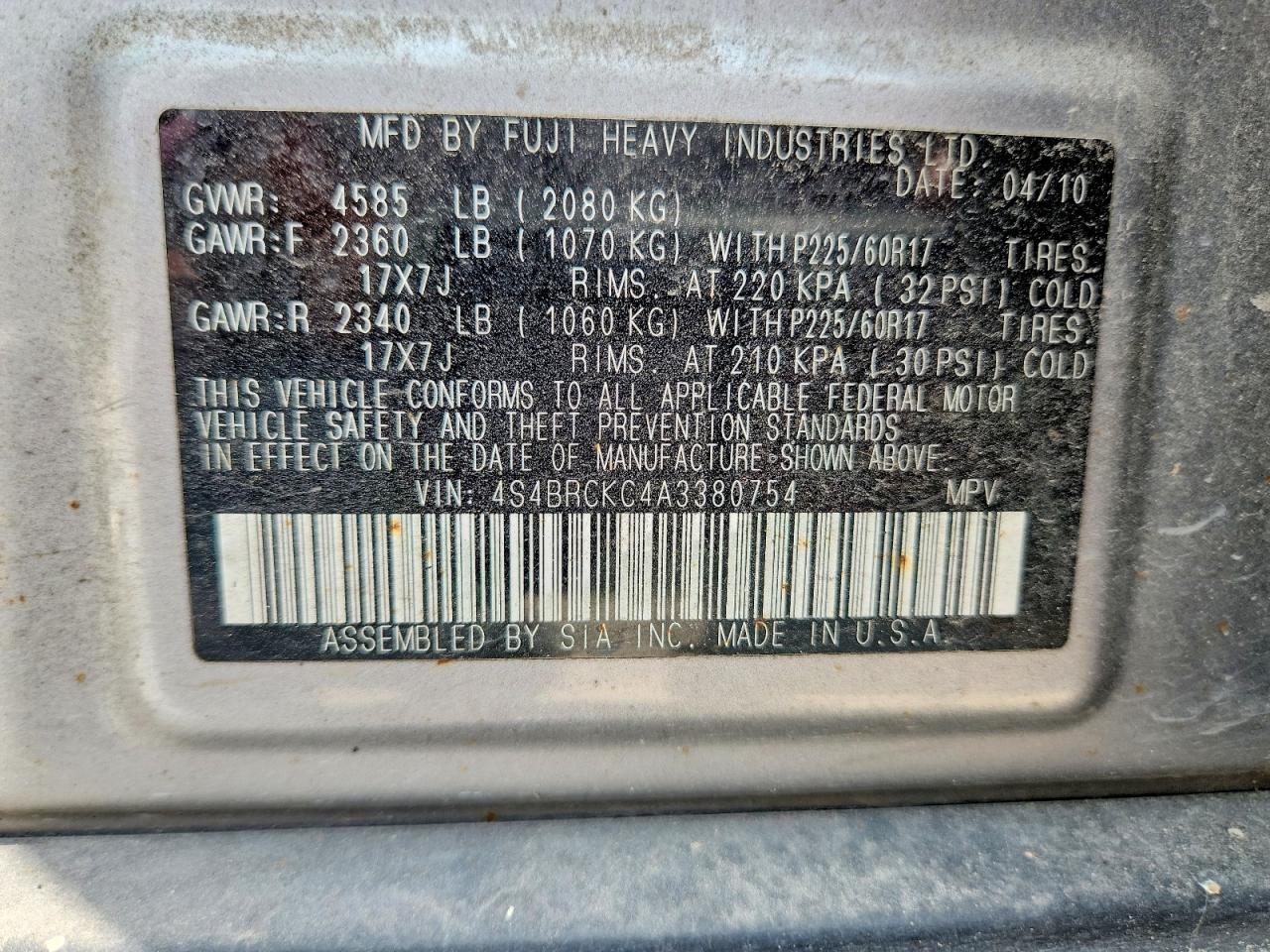 2010 Subaru Outback Gray vin: 4S4BRCKC4A3380754