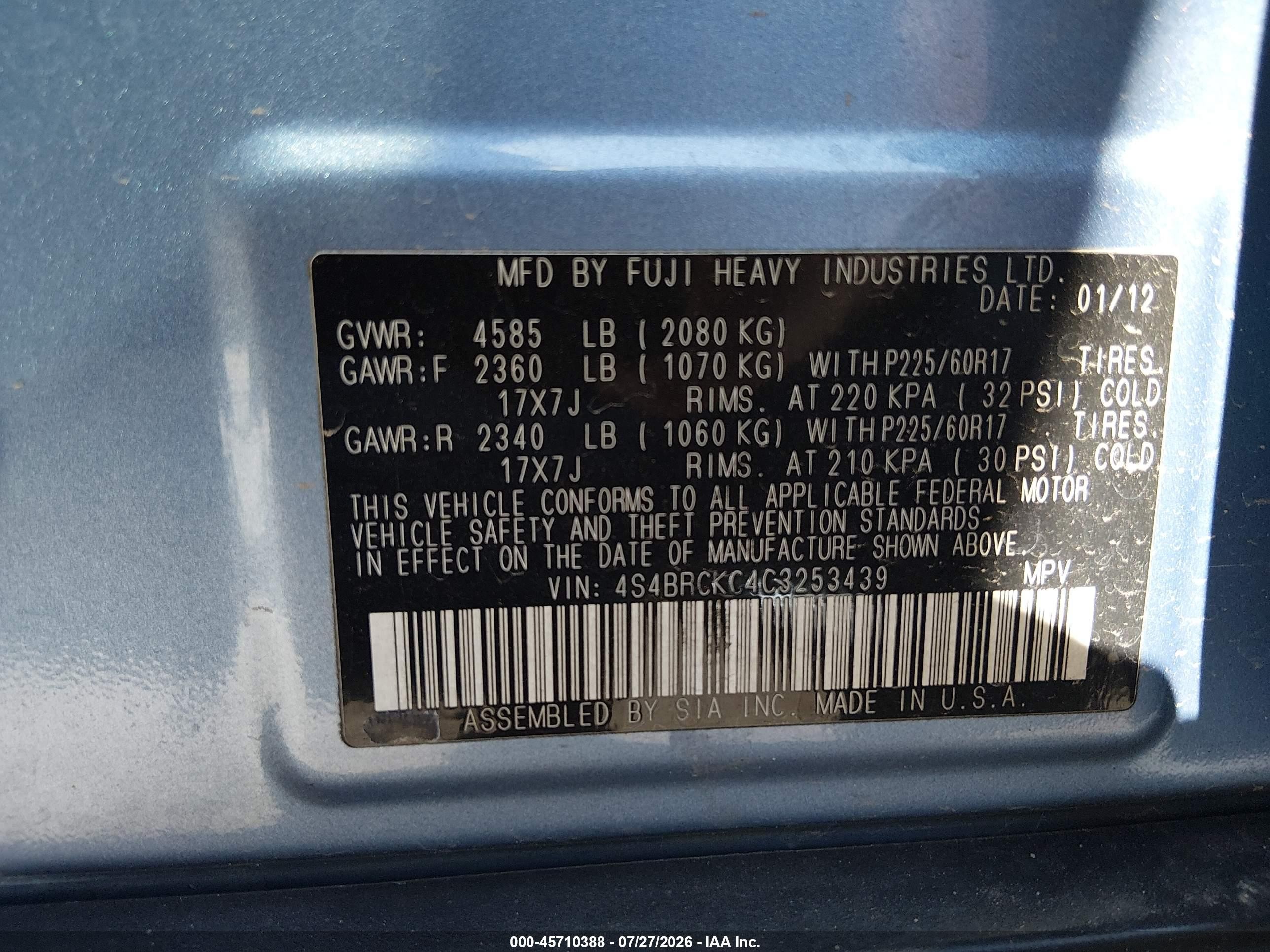 2012 Subaru Outback 2.5i Limited Blue vin: 4S4BRCKC4C3253439
