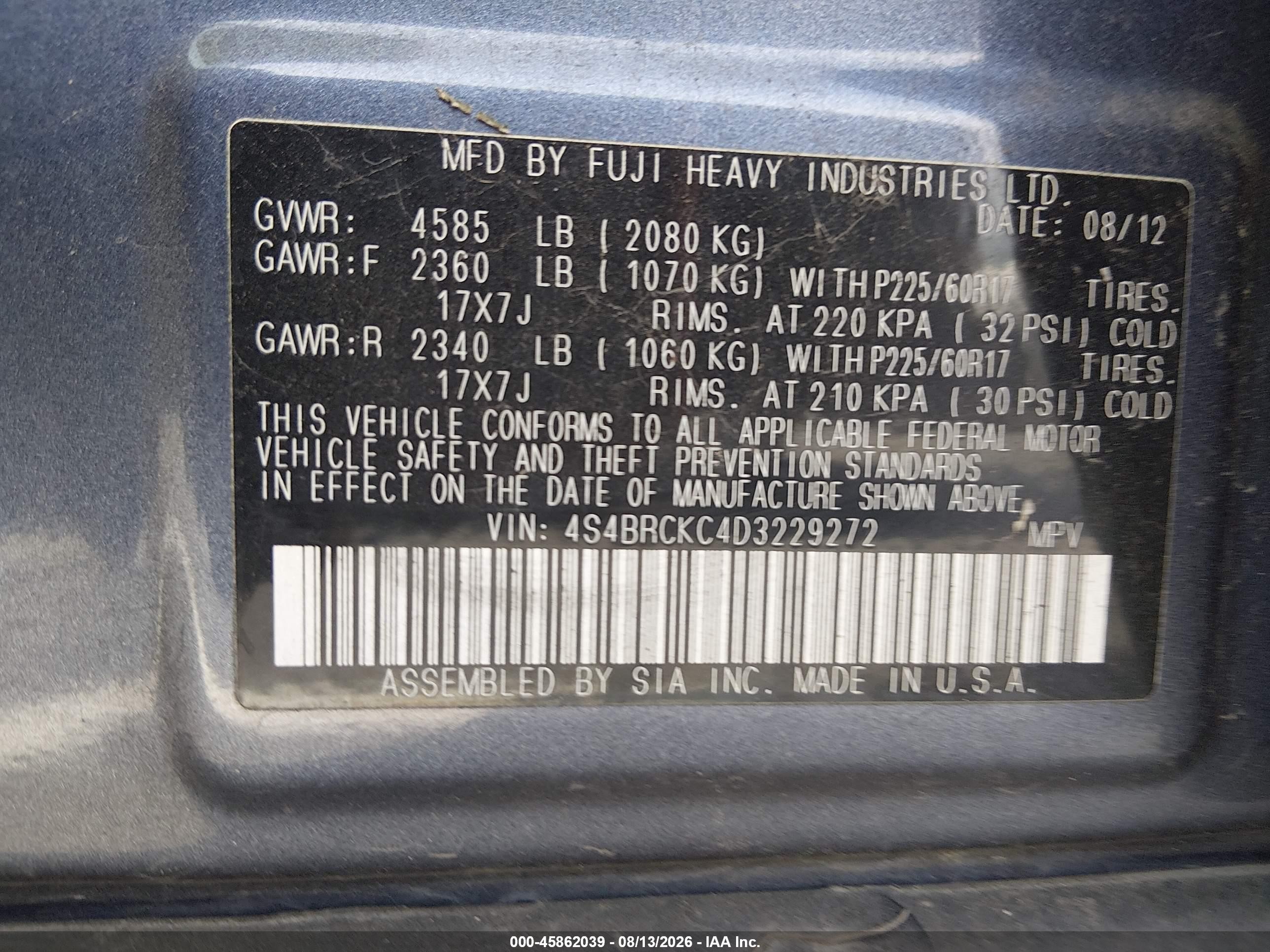 2013 Subaru Outback 2.5i Limited Blue vin: 4S4BRCKC4D3229272