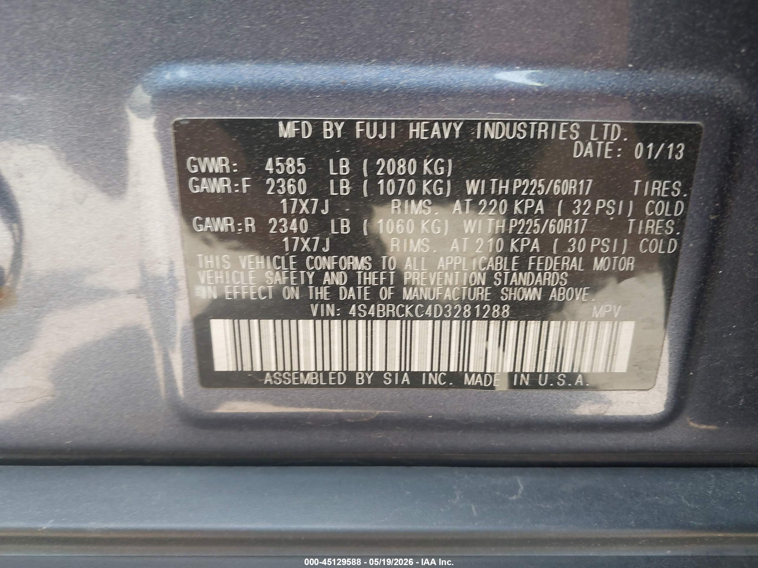 2013 Subaru Outback 2.5i Limited Blue vin: 4S4BRCKC4D3281288