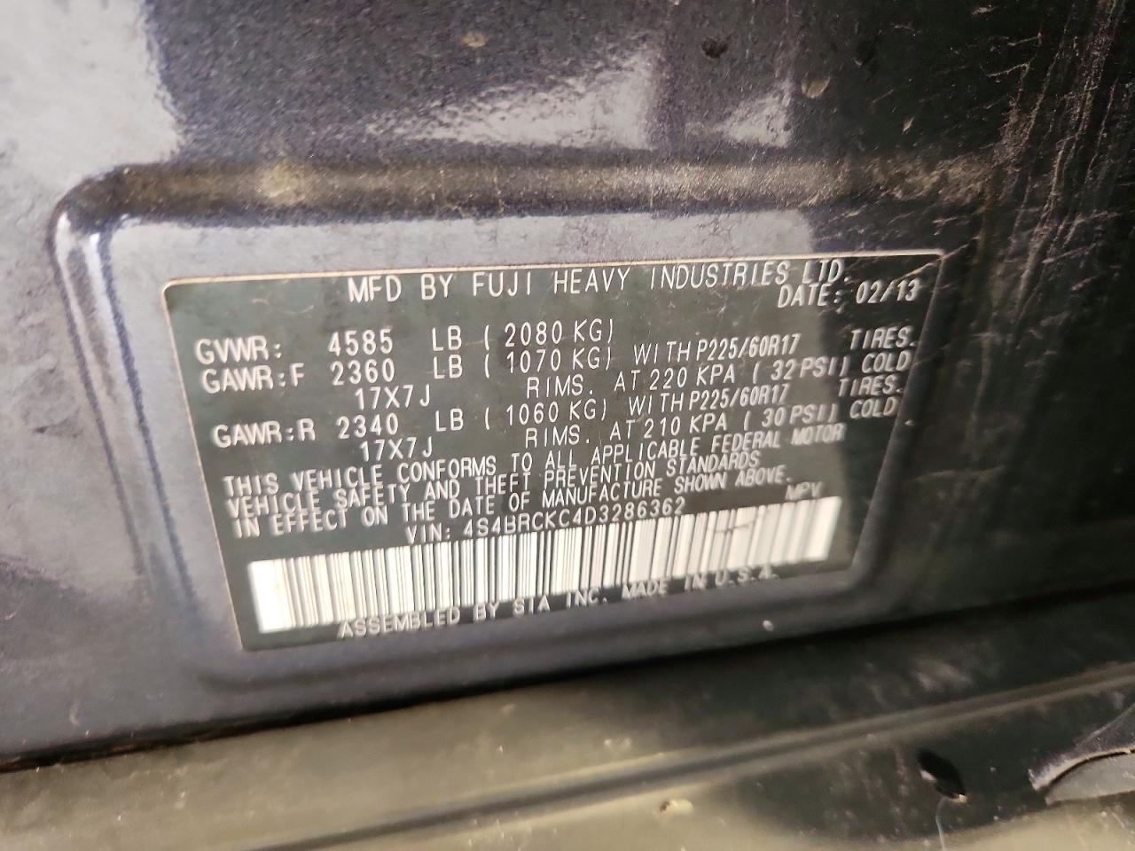 2013 Subaru Outback 2.5i Limited Charcoal vin: 4S4BRCKC4D3286362