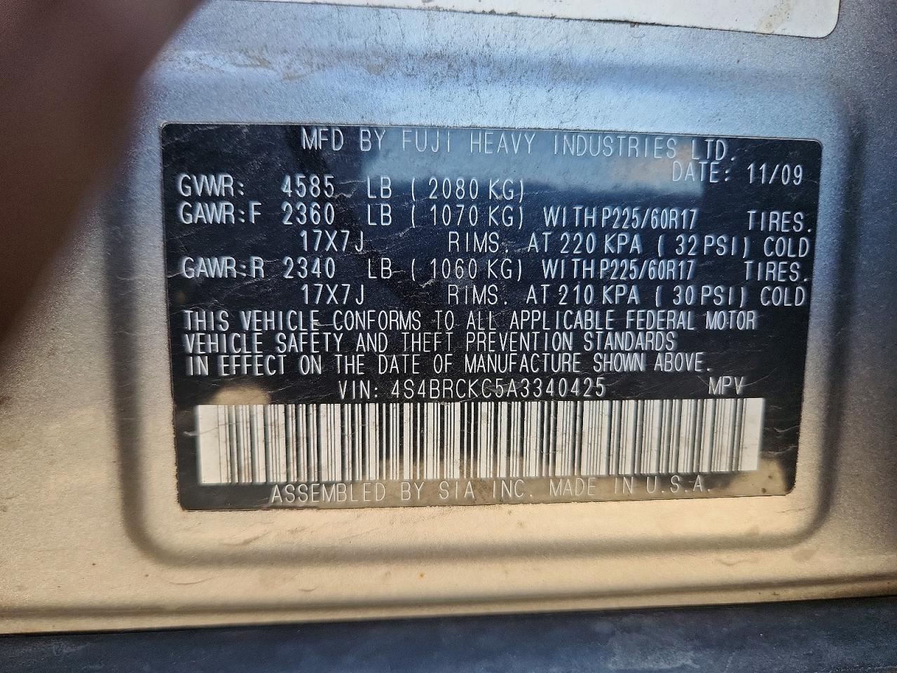 2010 Subaru Outback 2.5i Limited Silver vin: 4S4BRCKC5A3340425