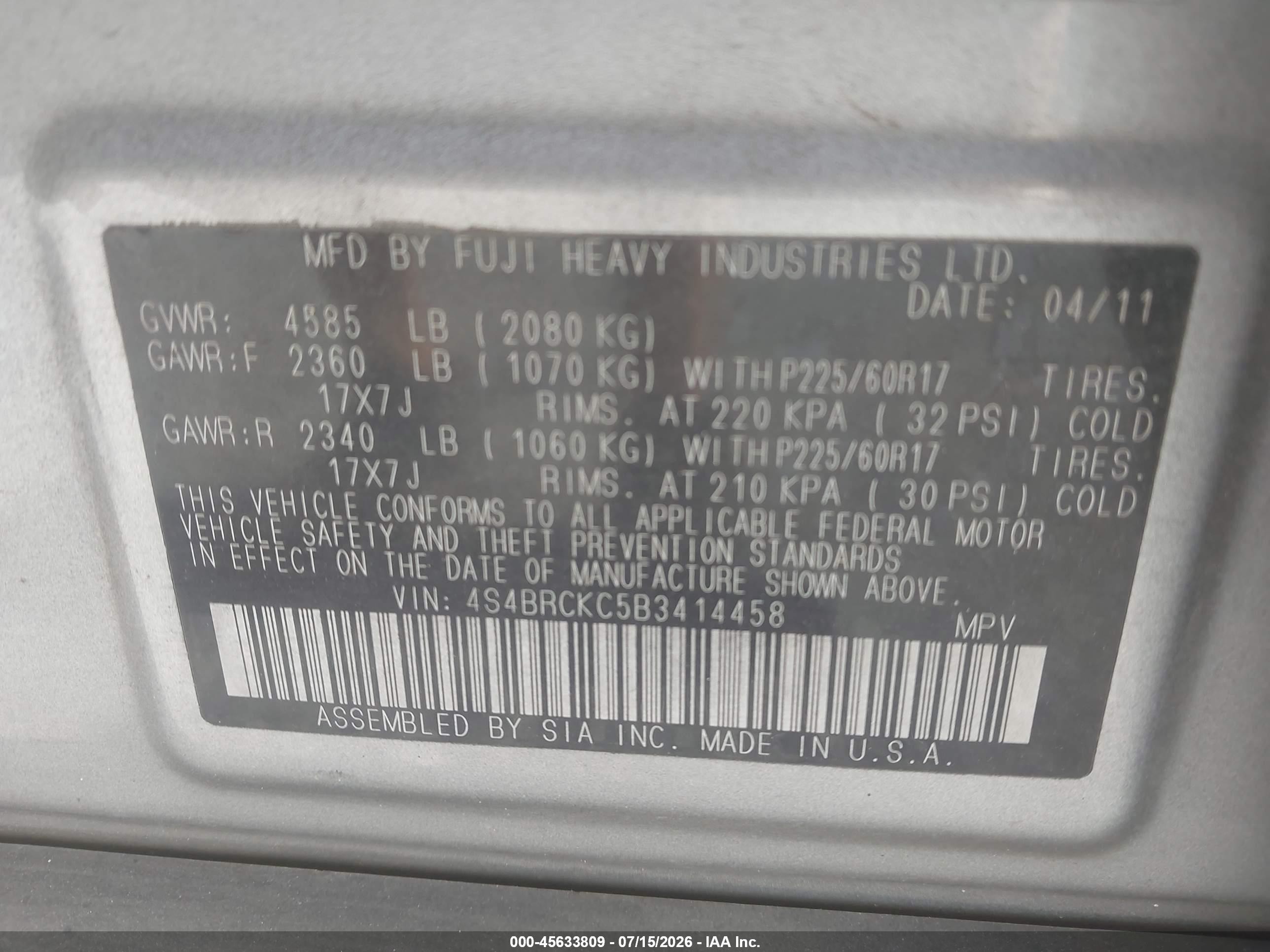 2011 Subaru Outback 2.5i Limited Silver vin: 4S4BRCKC5B3414458