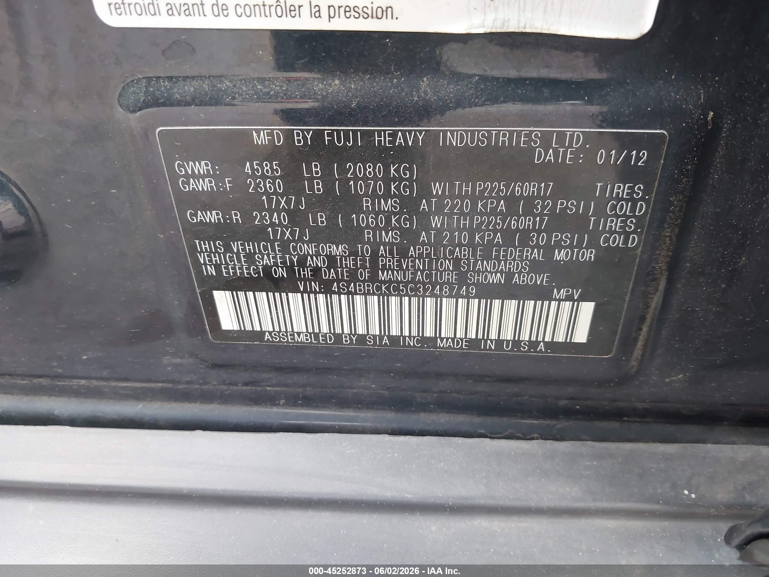 2012 Subaru Outback 2.5i Limited Blue vin: 4S4BRCKC5C3248749