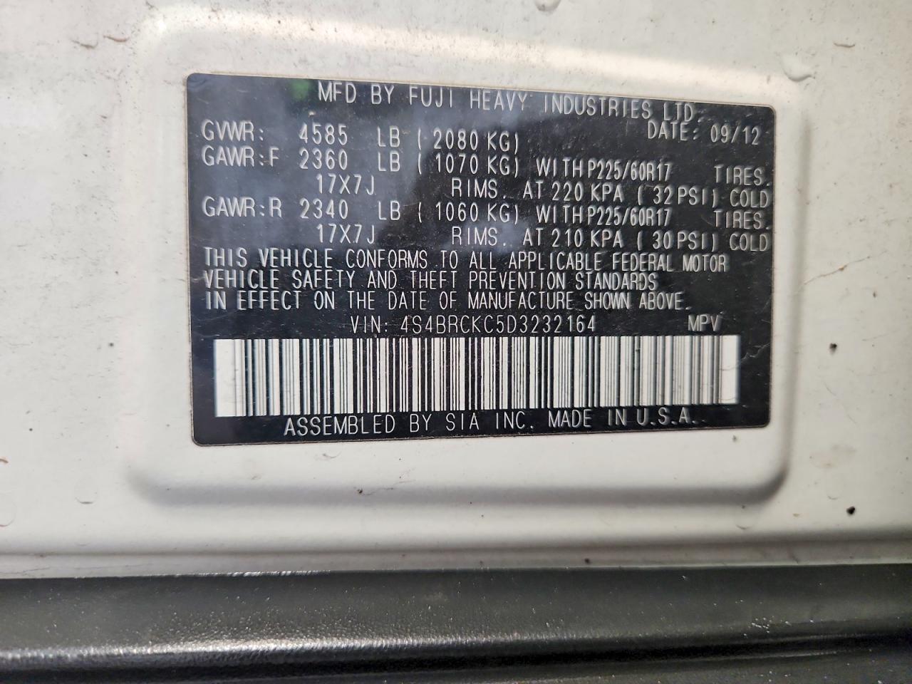 2013 Subaru Outback 2.5i Limited White vin: 4S4BRCKC5D3232164