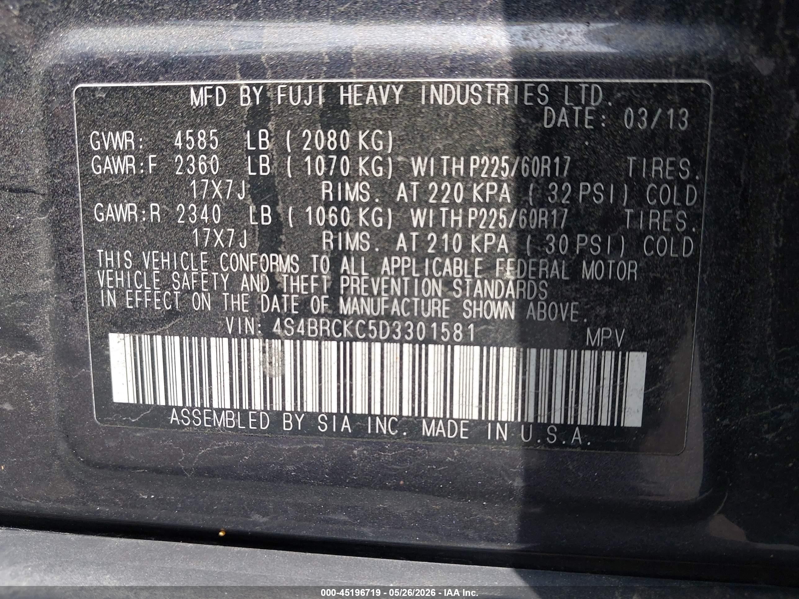 2013 Subaru Outback 2.5i Limited Navy vin: 4S4BRCKC5D3301581