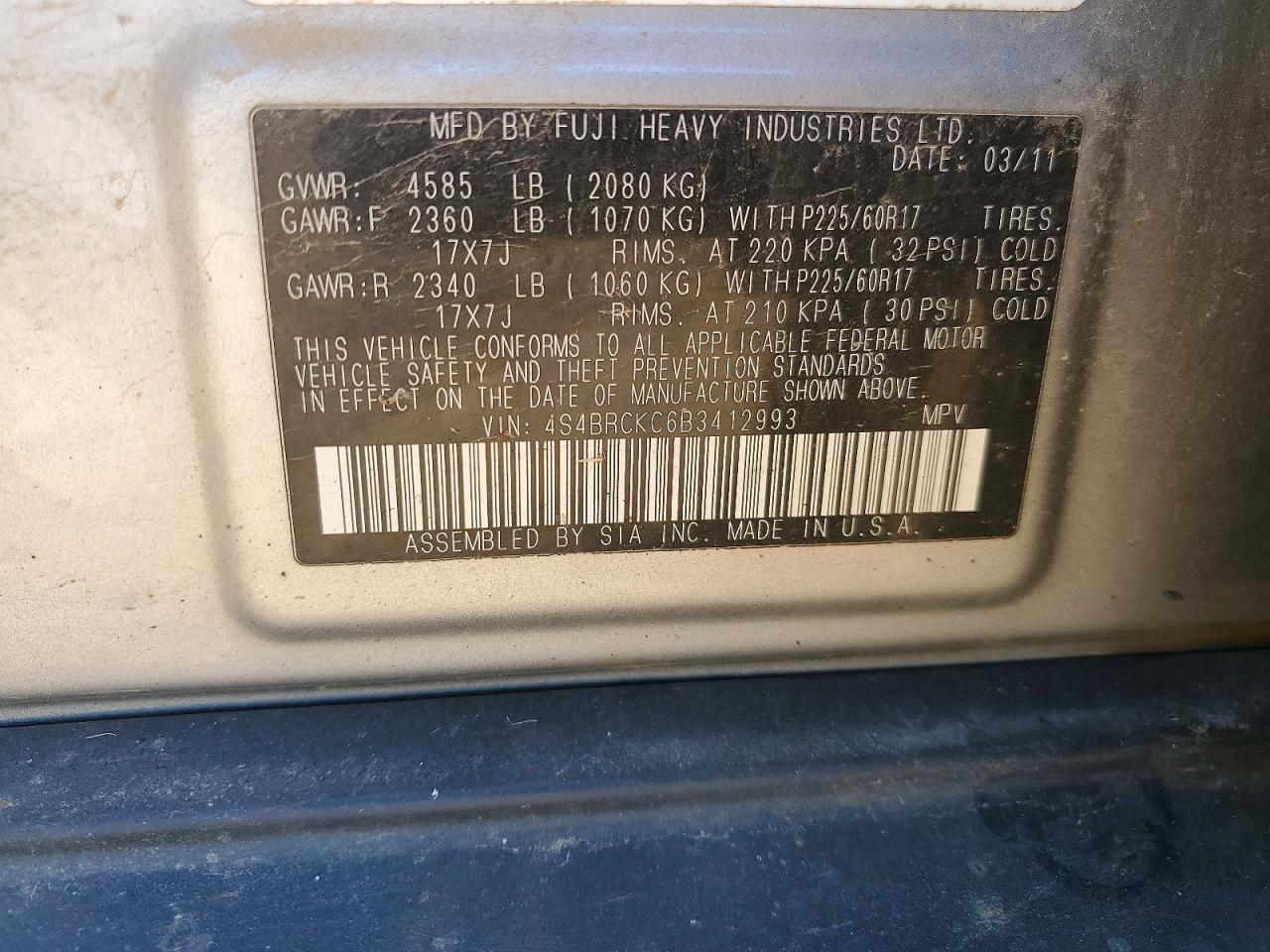 2011 Subaru Outback 2.5i Limited Silver vin: 4S4BRCKC6B3412993