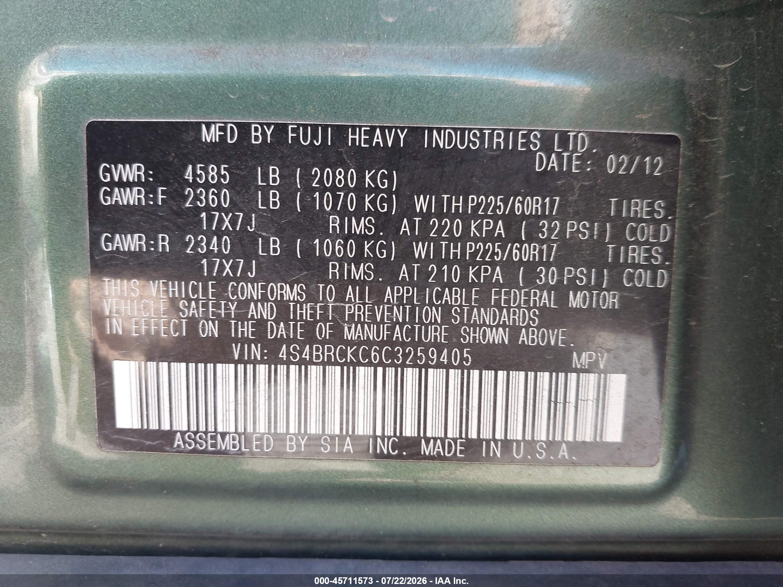2012 Subaru Outback 2.5i Limited Green vin: 4S4BRCKC6C3259405