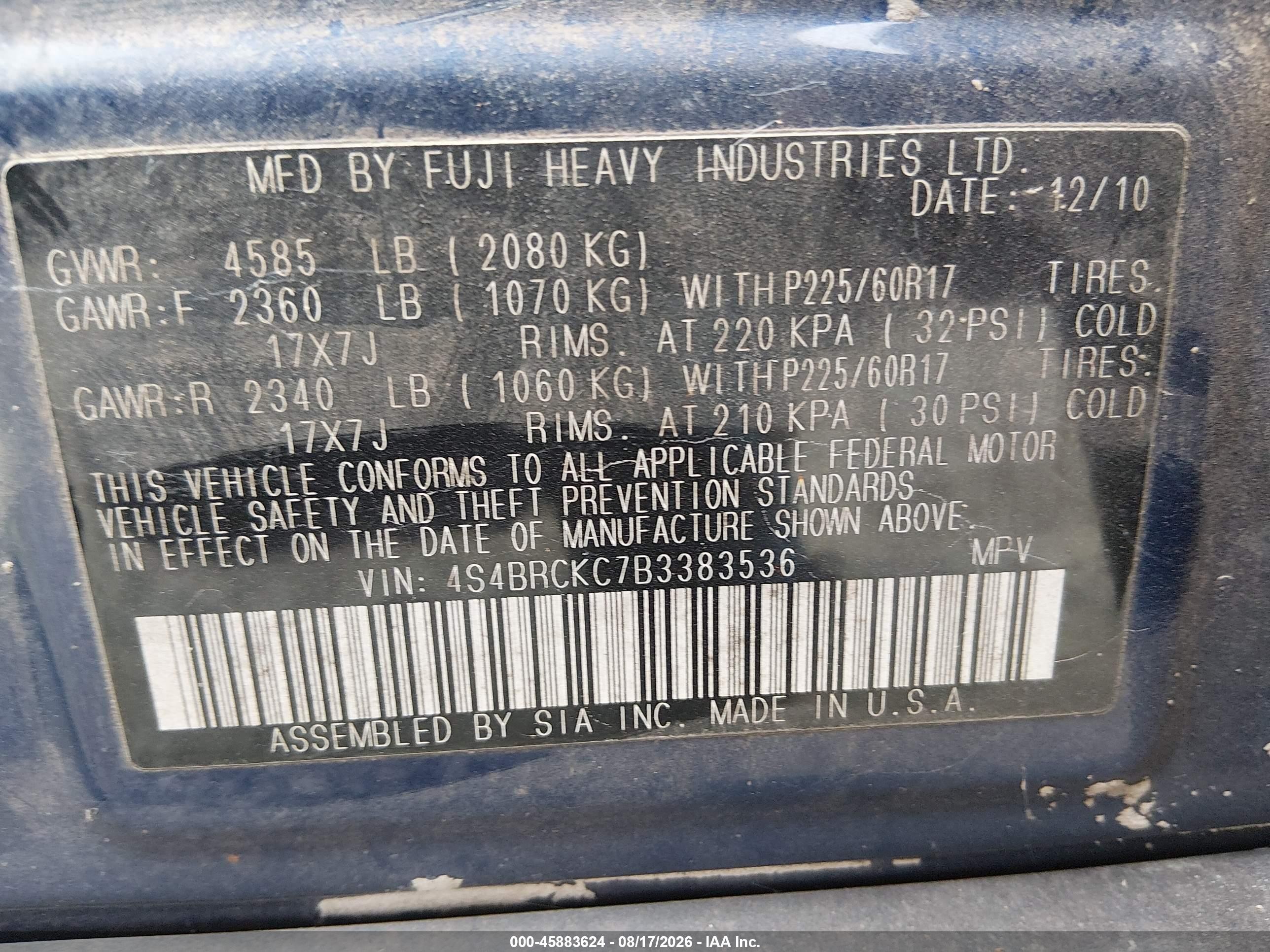 2011 Subaru Outback 2.5i Limited Blue vin: 4S4BRCKC7B3383536