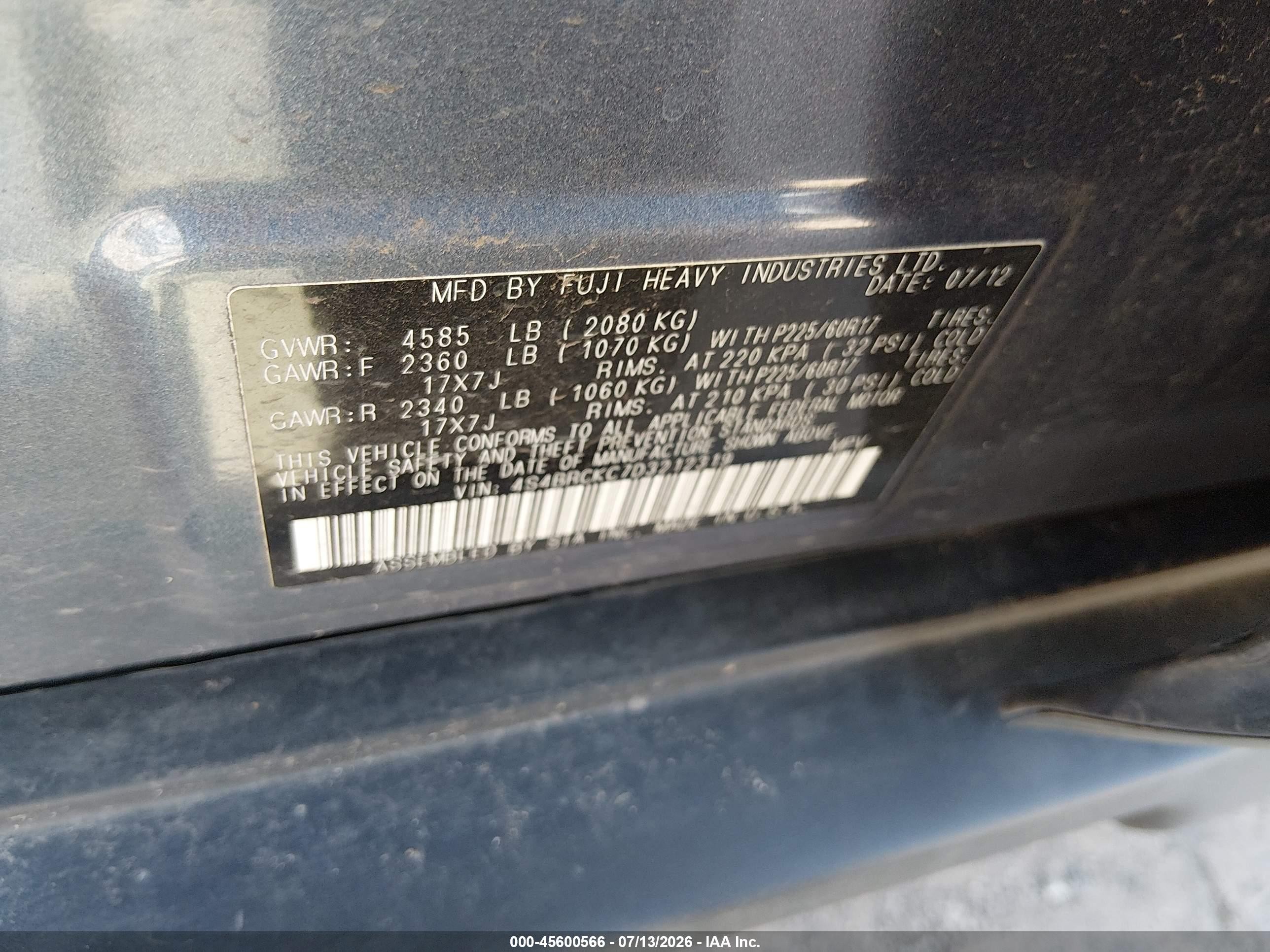2013 Subaru Outback 2.5i Limited Blue vin: 4S4BRCKC7D3212319