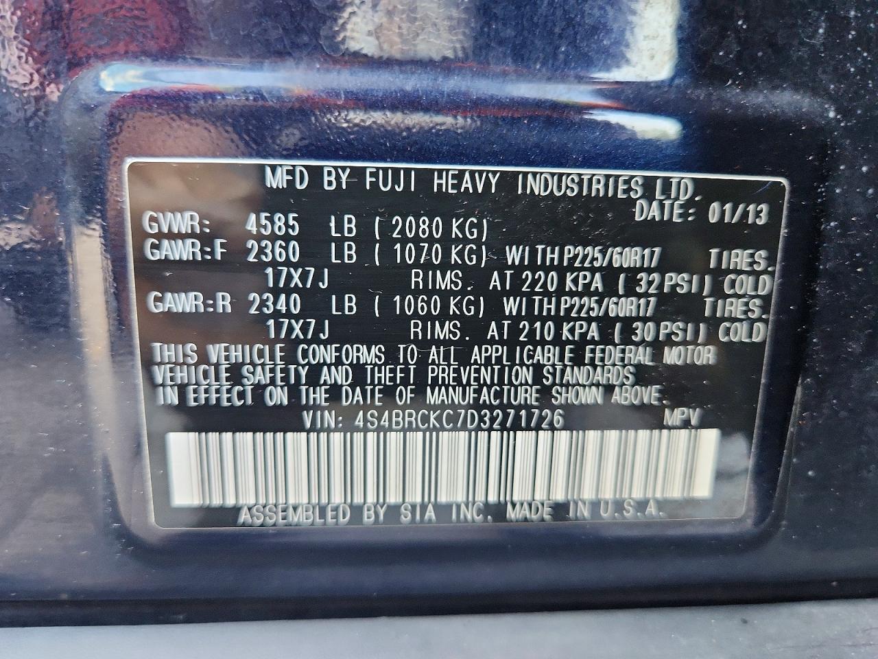 2013 Subaru Outback 2.5i Limited Blue vin: 4S4BRCKC7D3271726