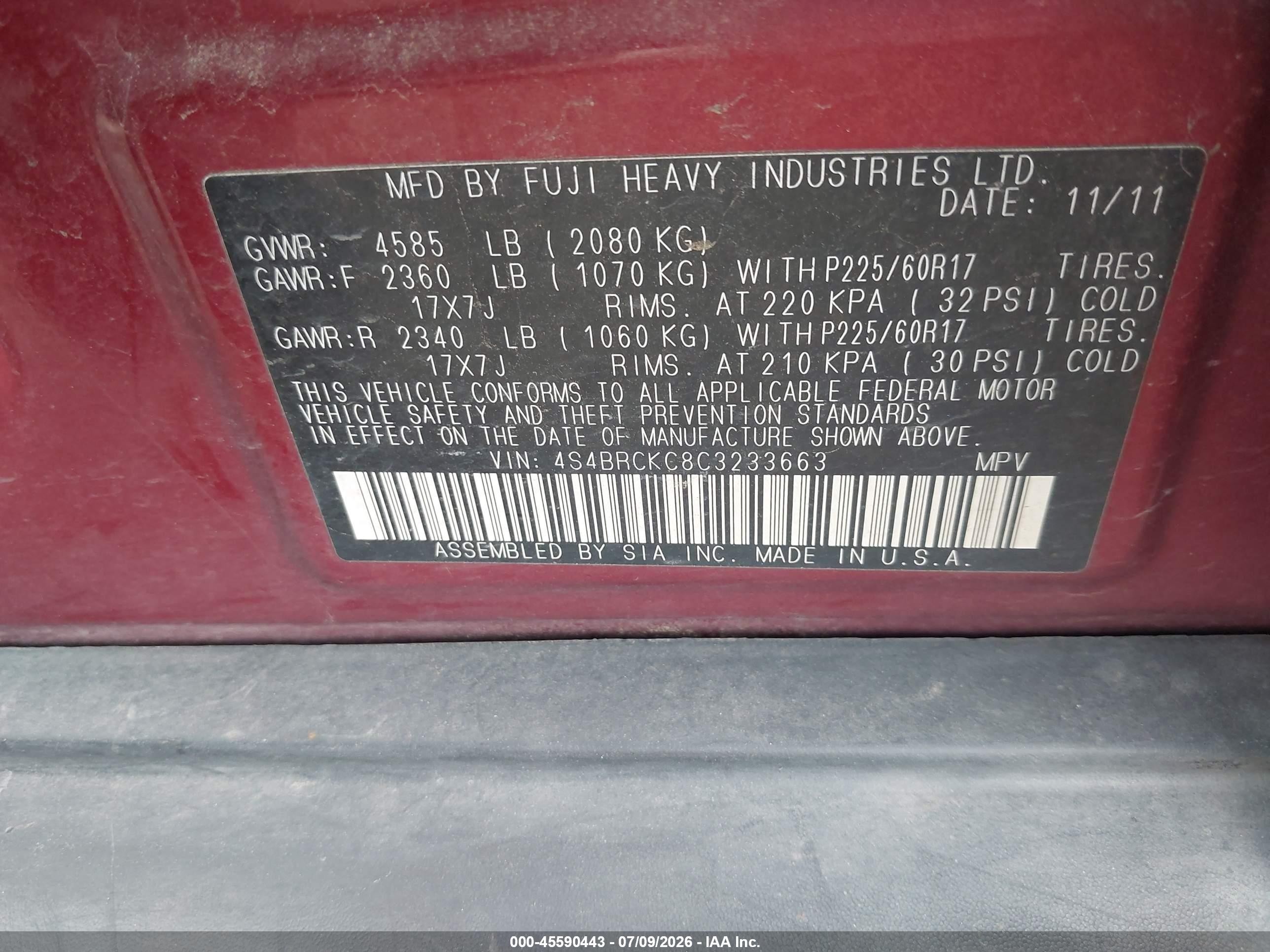 2012 Subaru Outback 2.5i Limited Red vin: 4S4BRCKC8C3233663
