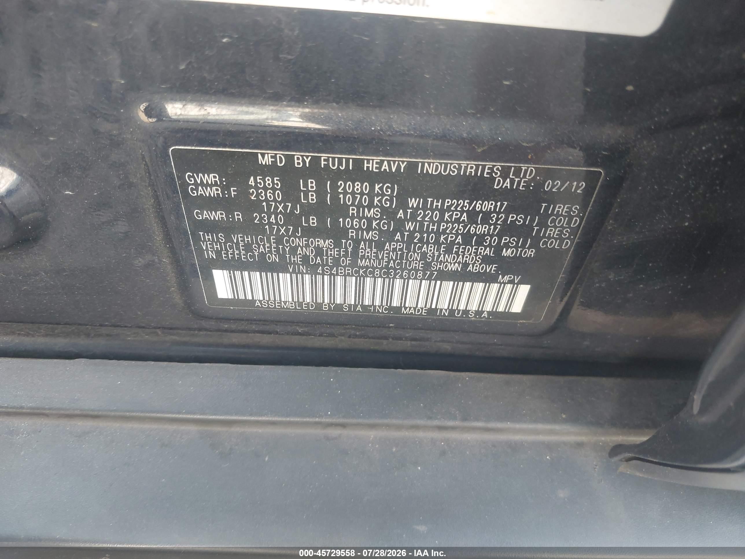 2012 Subaru Outback 2.5i Limited Dark Blue vin: 4S4BRCKC8C3260877