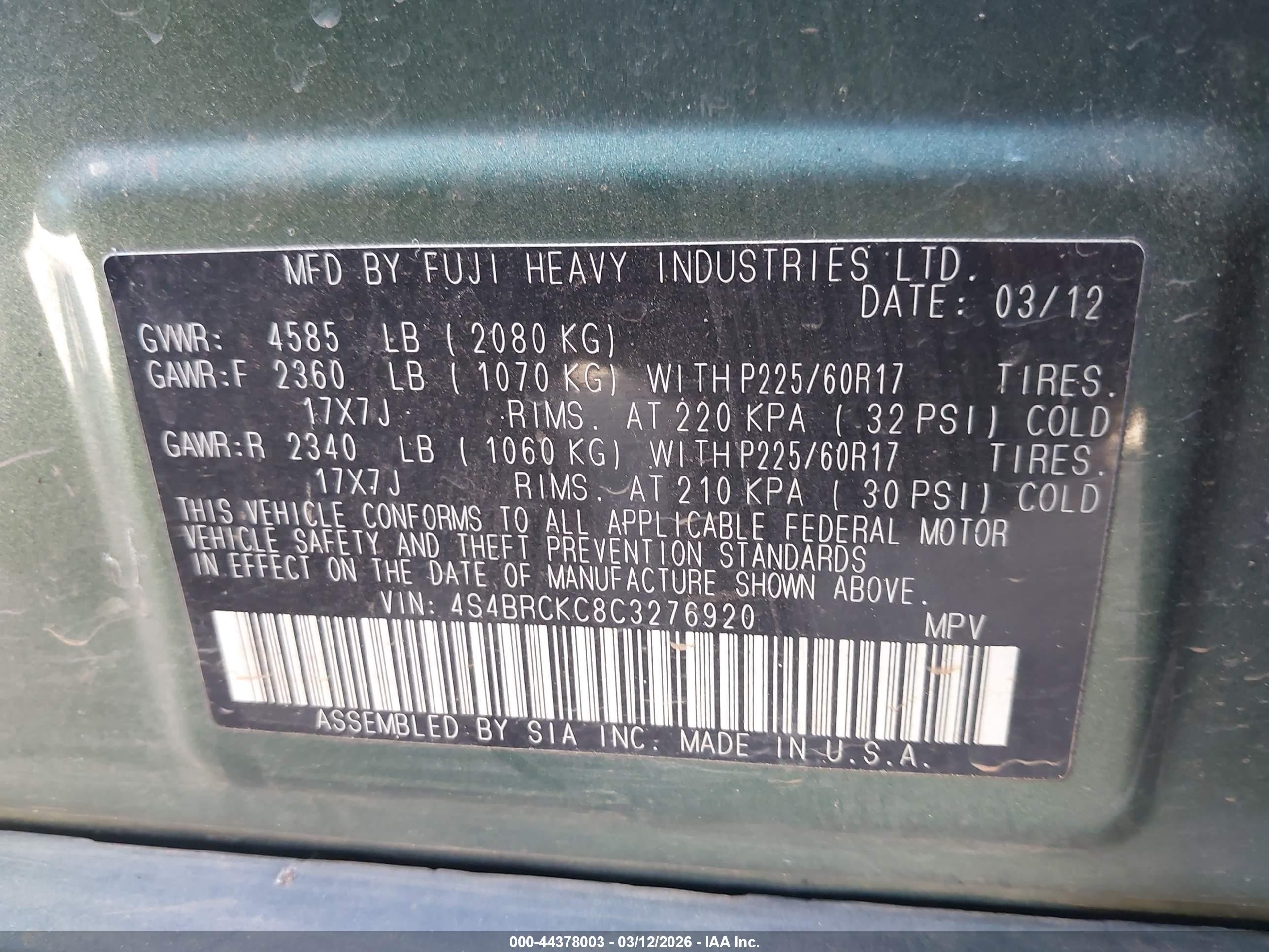 2012 Subaru Outback 2.5i Limited Green vin: 4S4BRCKC8C3276920