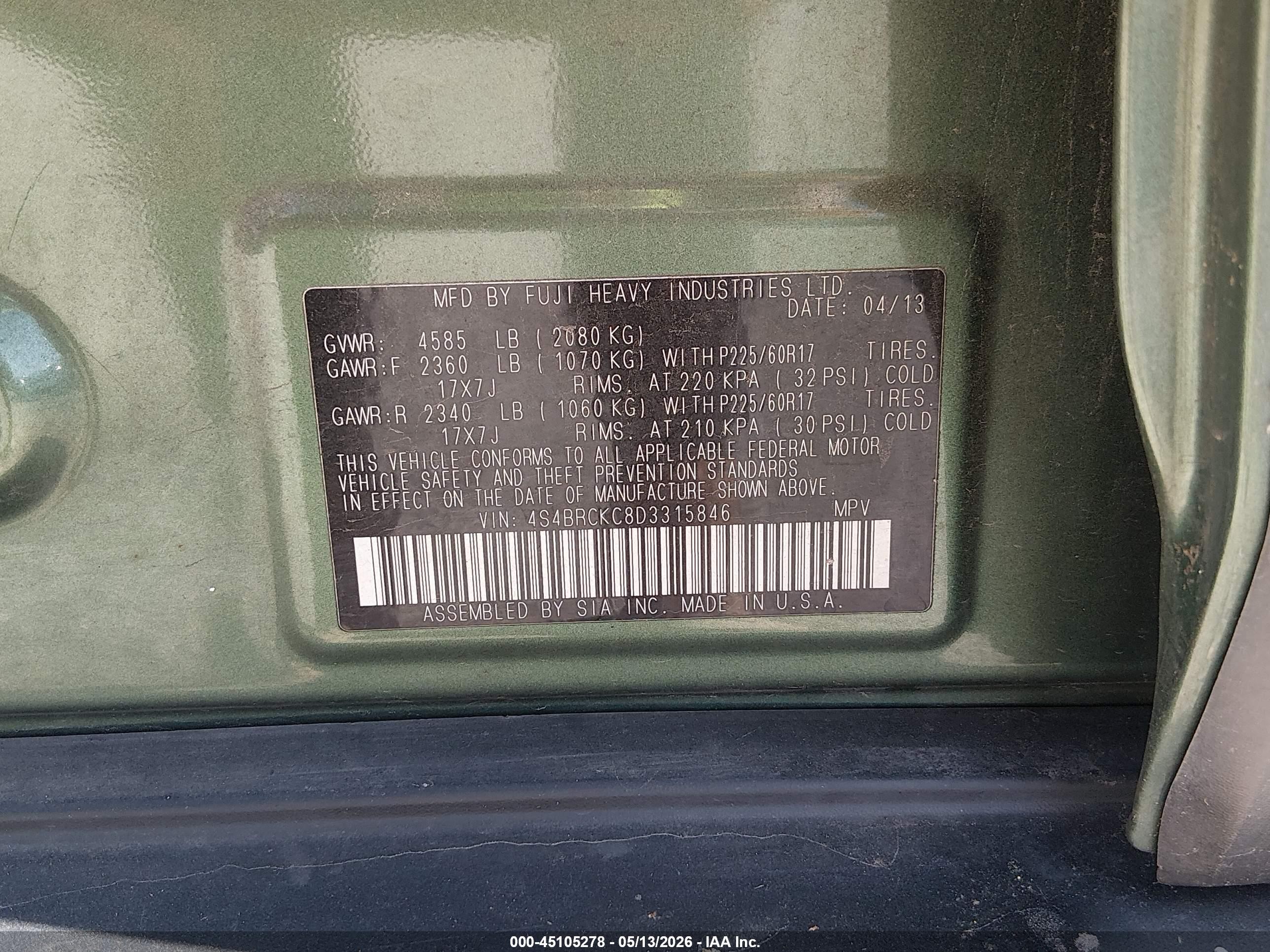 2013 Subaru Outback 2.5i Limited Green vin: 4S4BRCKC8D3315846